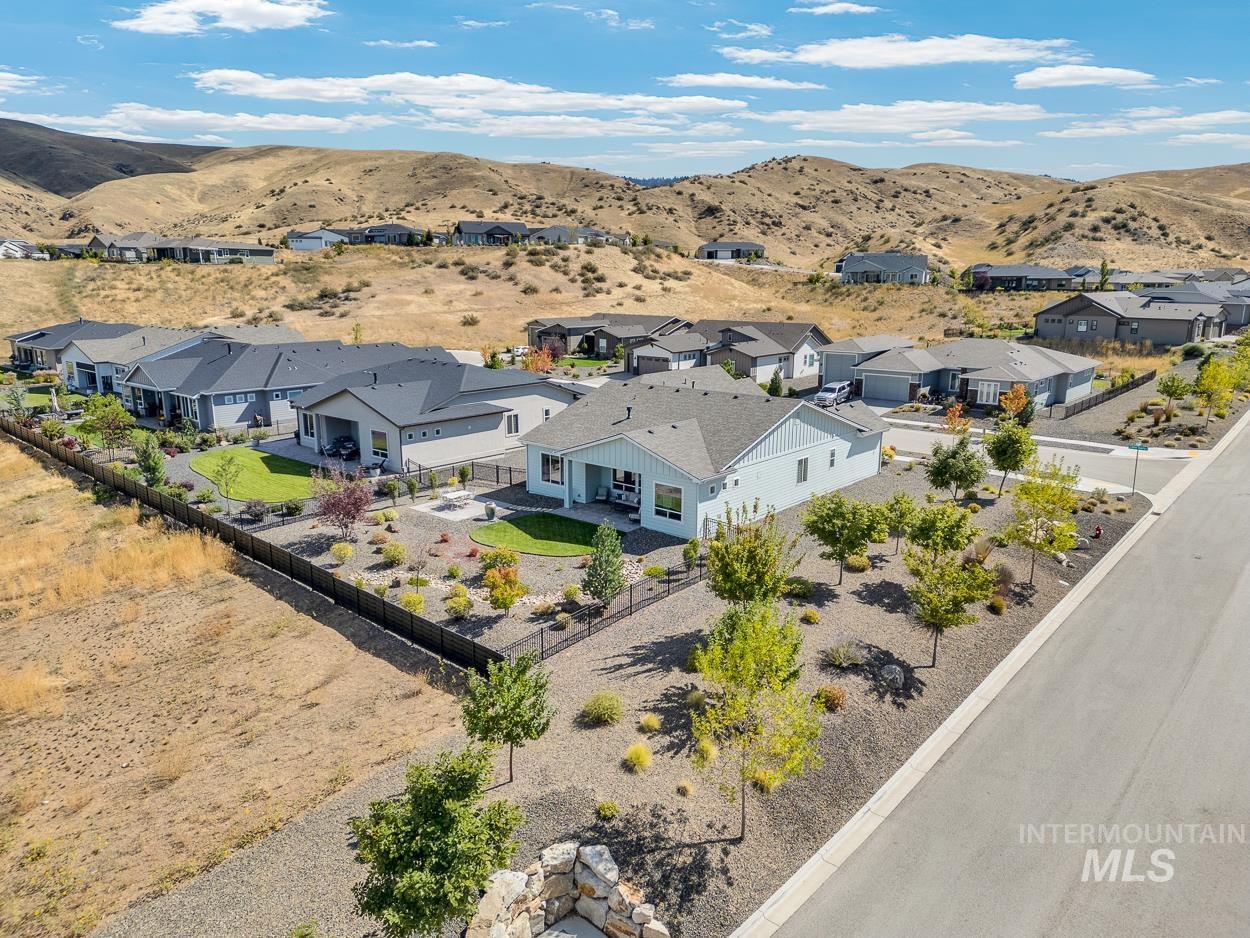 Aerial view of residential area with mountains