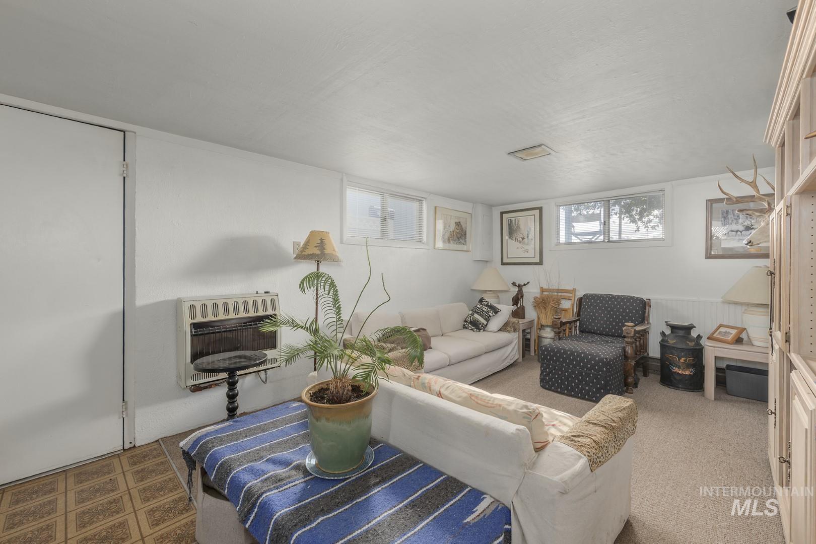 Carpeted living room with heating unit