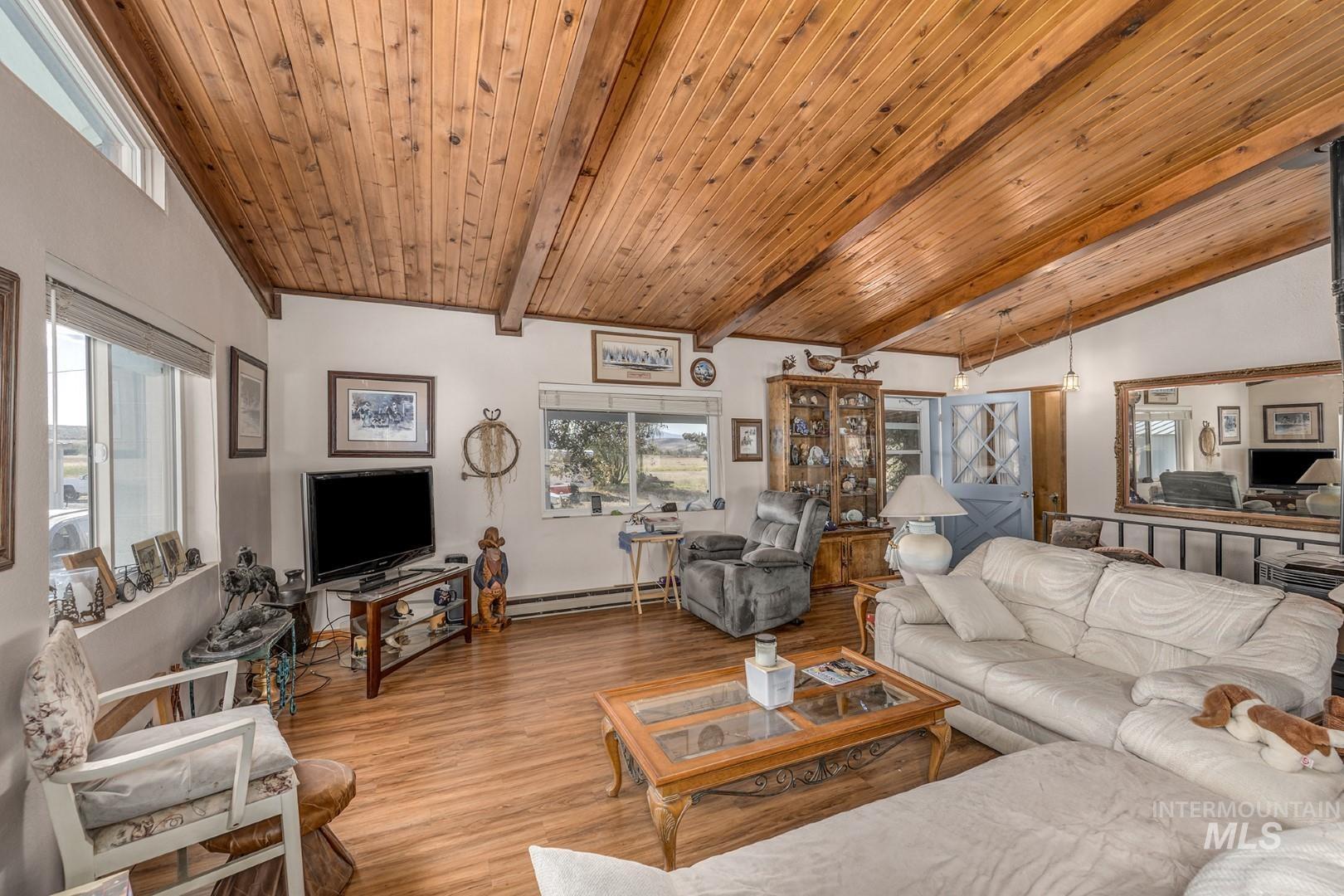 Living room with plenty of natural light, light wood-style flooring, wooden ceiling, and a baseboard heating unit