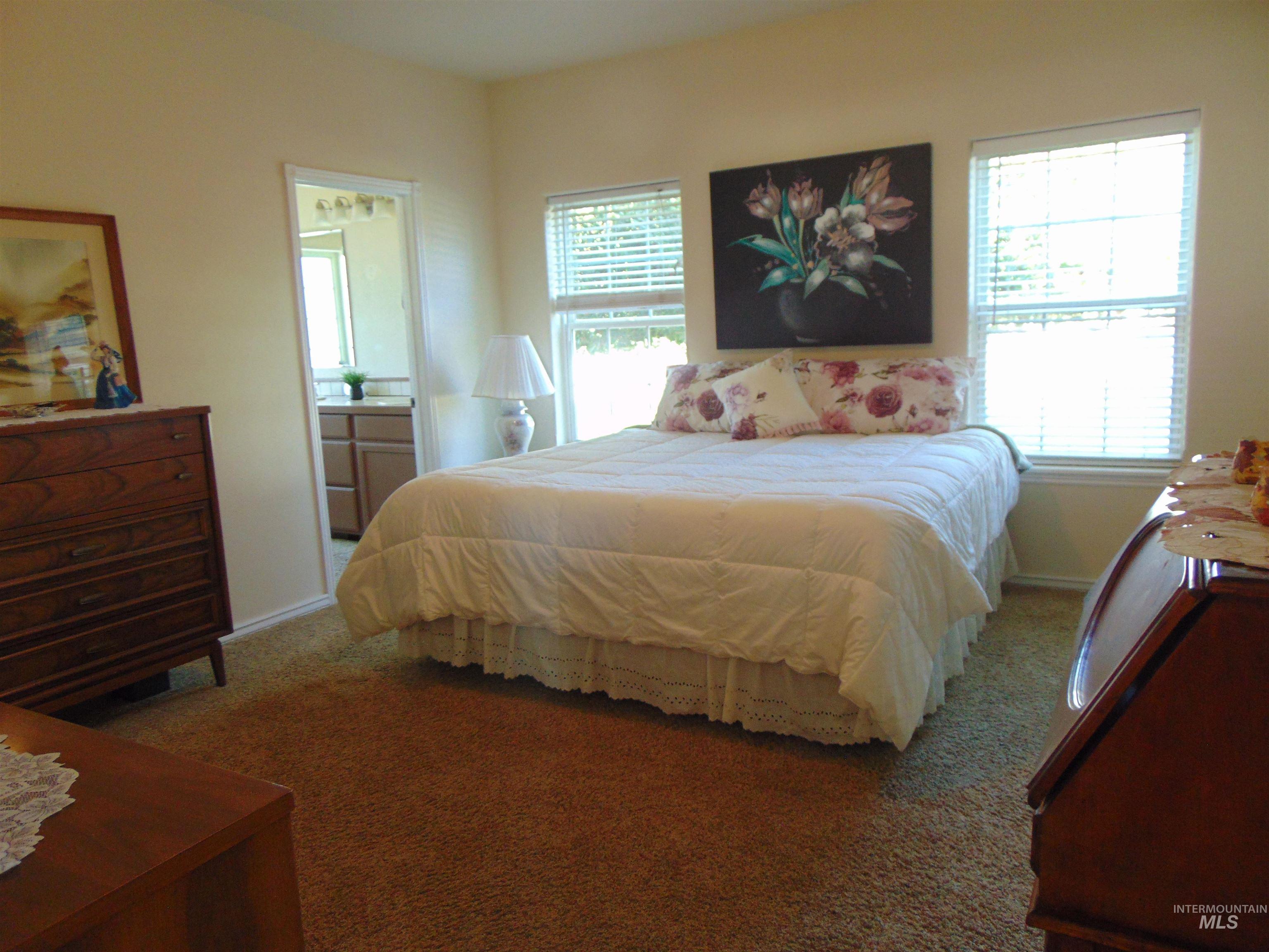 Bedroom featuring carpet, multiple windows, and ensuite bathroom