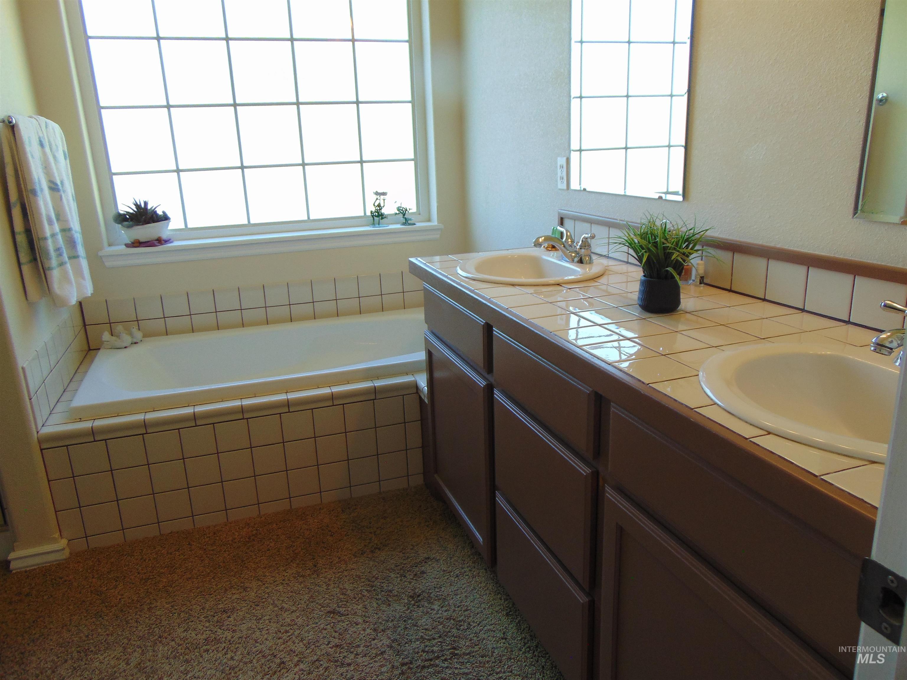 Bathroom with a bath, healthy amount of natural light, double vanity, dark colored carpet, and a textured wall