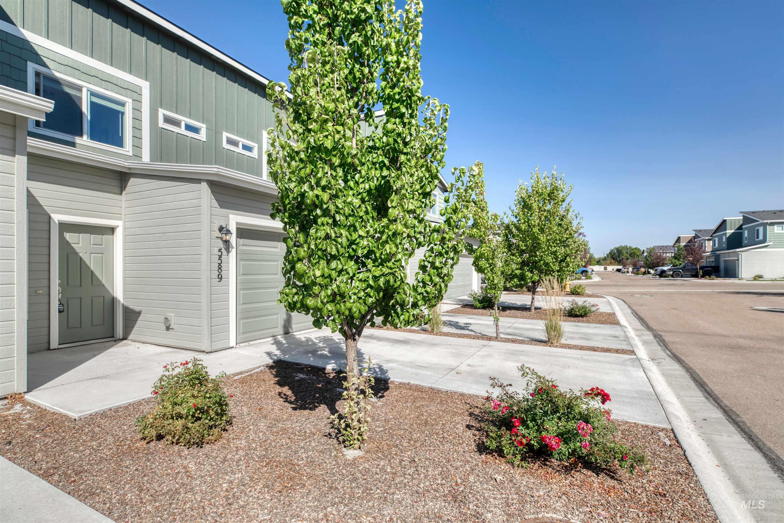 View of yard featuring a garage and concrete driveway