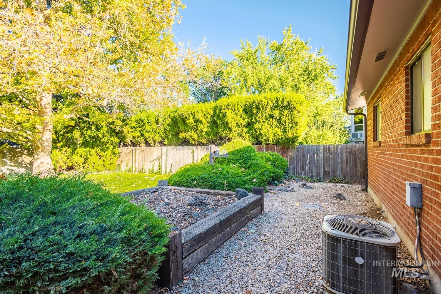 Fenced backyard featuring a vegetable garden