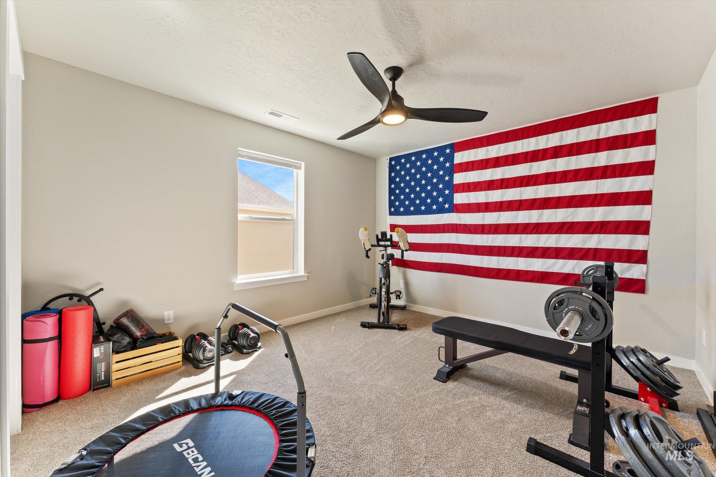 Workout area featuring carpet floors, a textured ceiling, and a ceiling fan