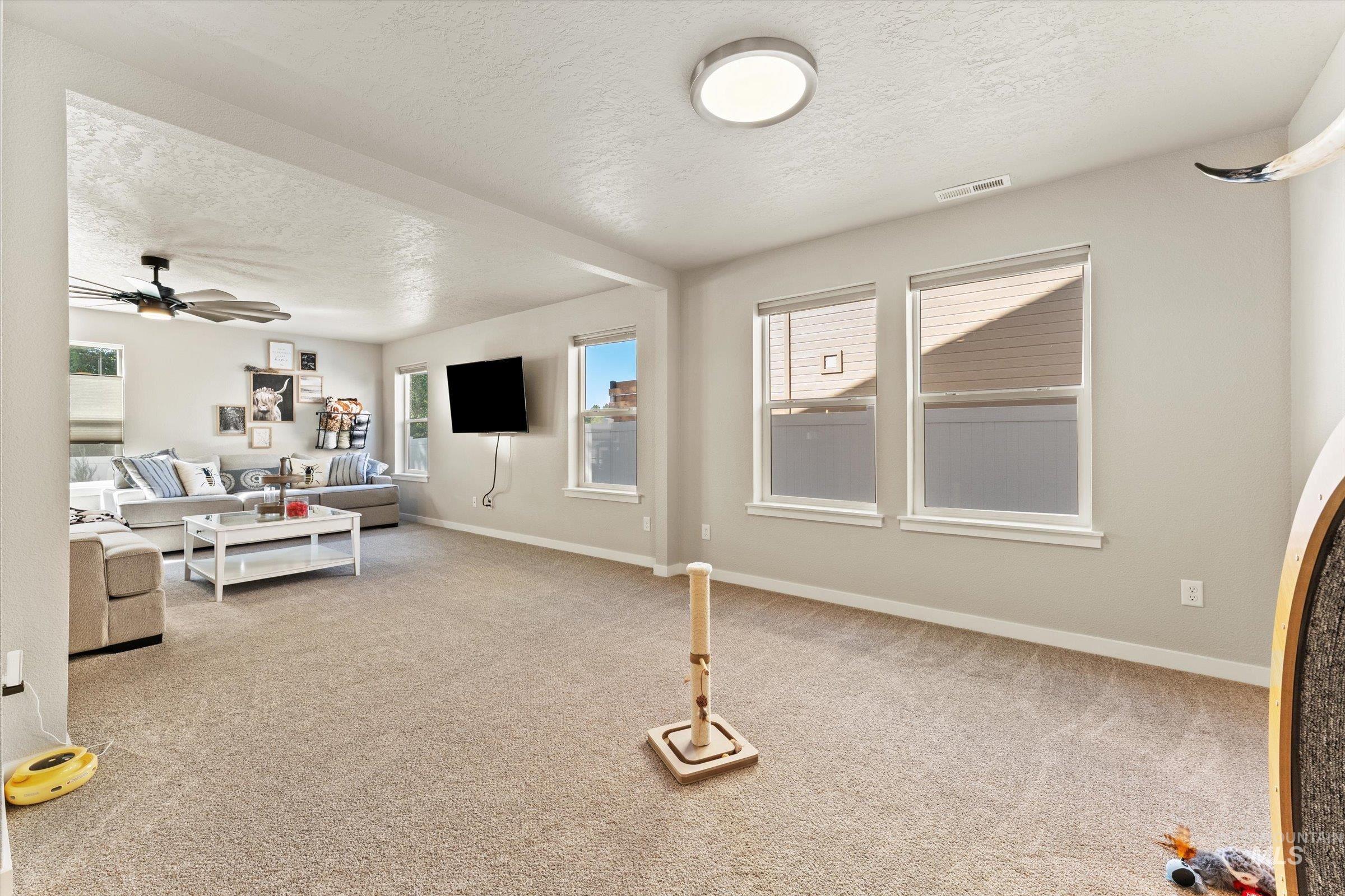 Living area featuring a textured ceiling, light carpet, ceiling fan, and plenty of natural light