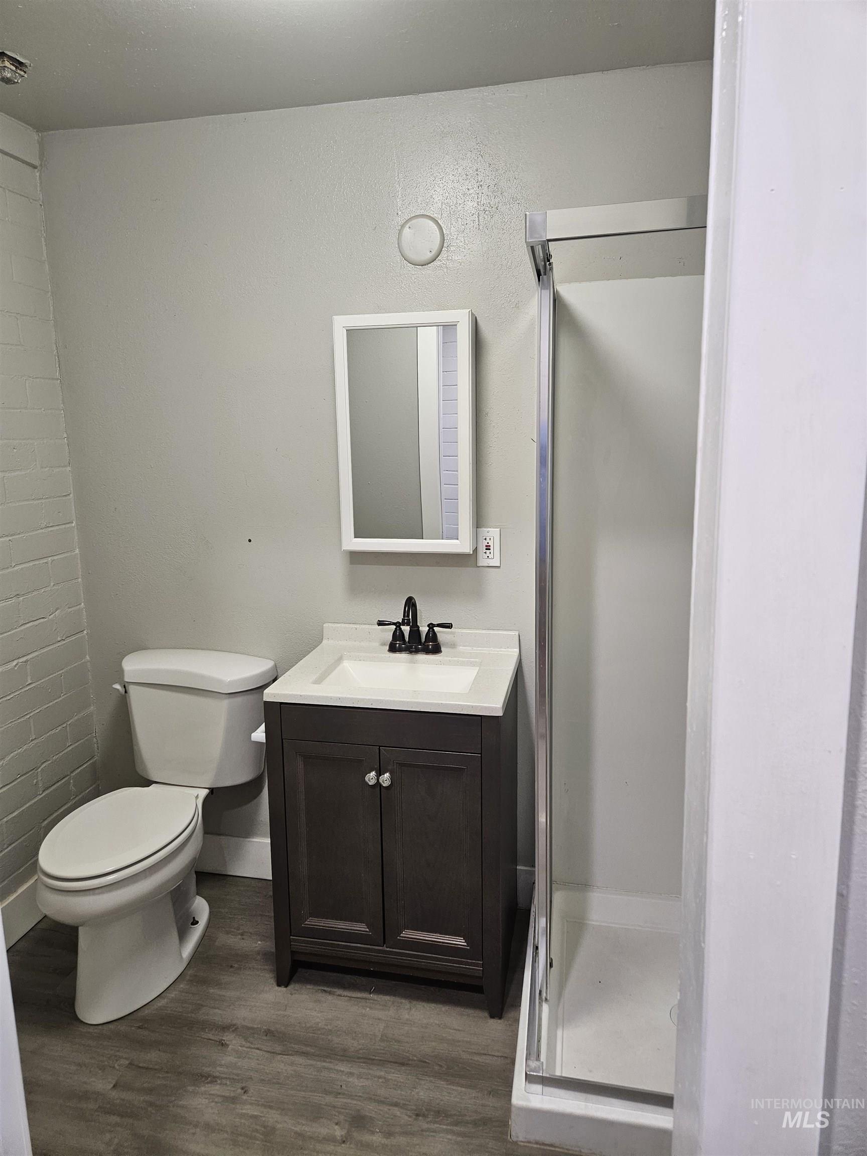 Full bath featuring dark wood-style flooring, a shower stall, and vanity