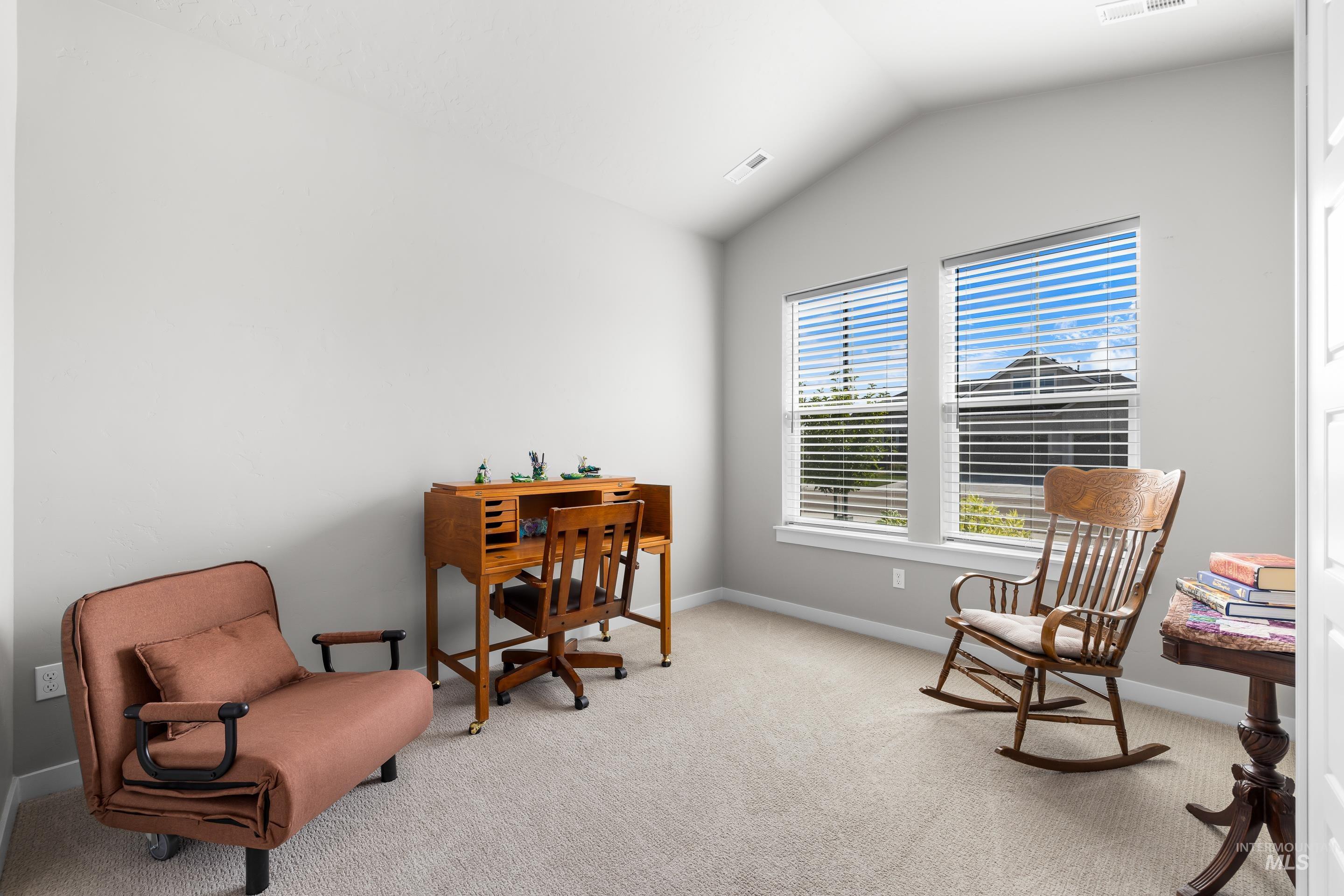 Office space featuring carpet flooring and vaulted ceiling