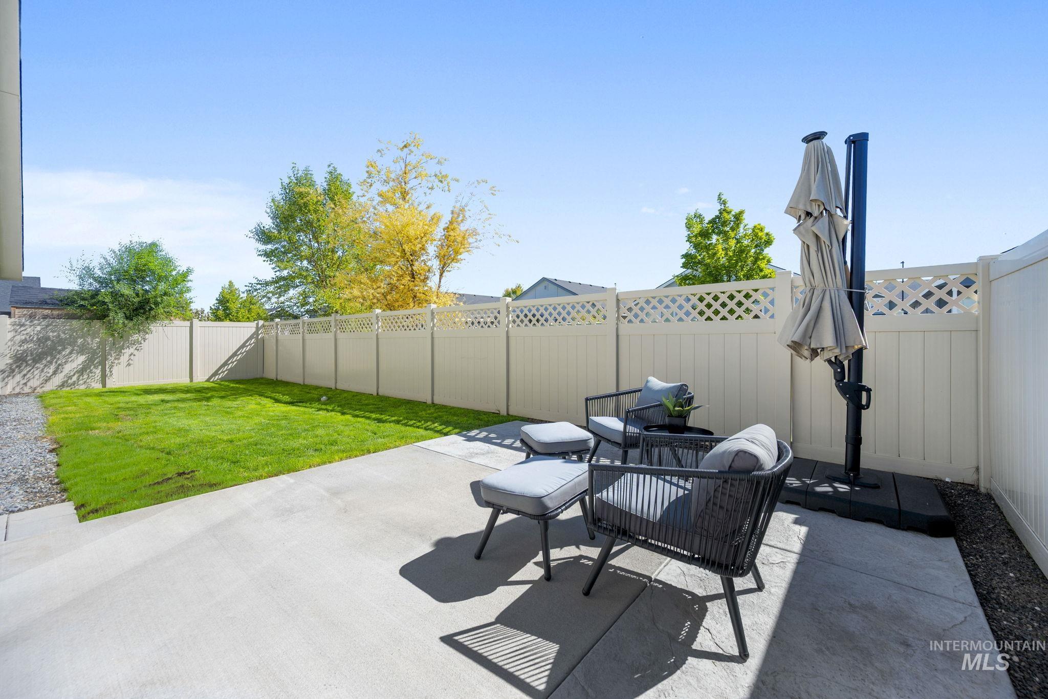 Fenced backyard featuring a patio