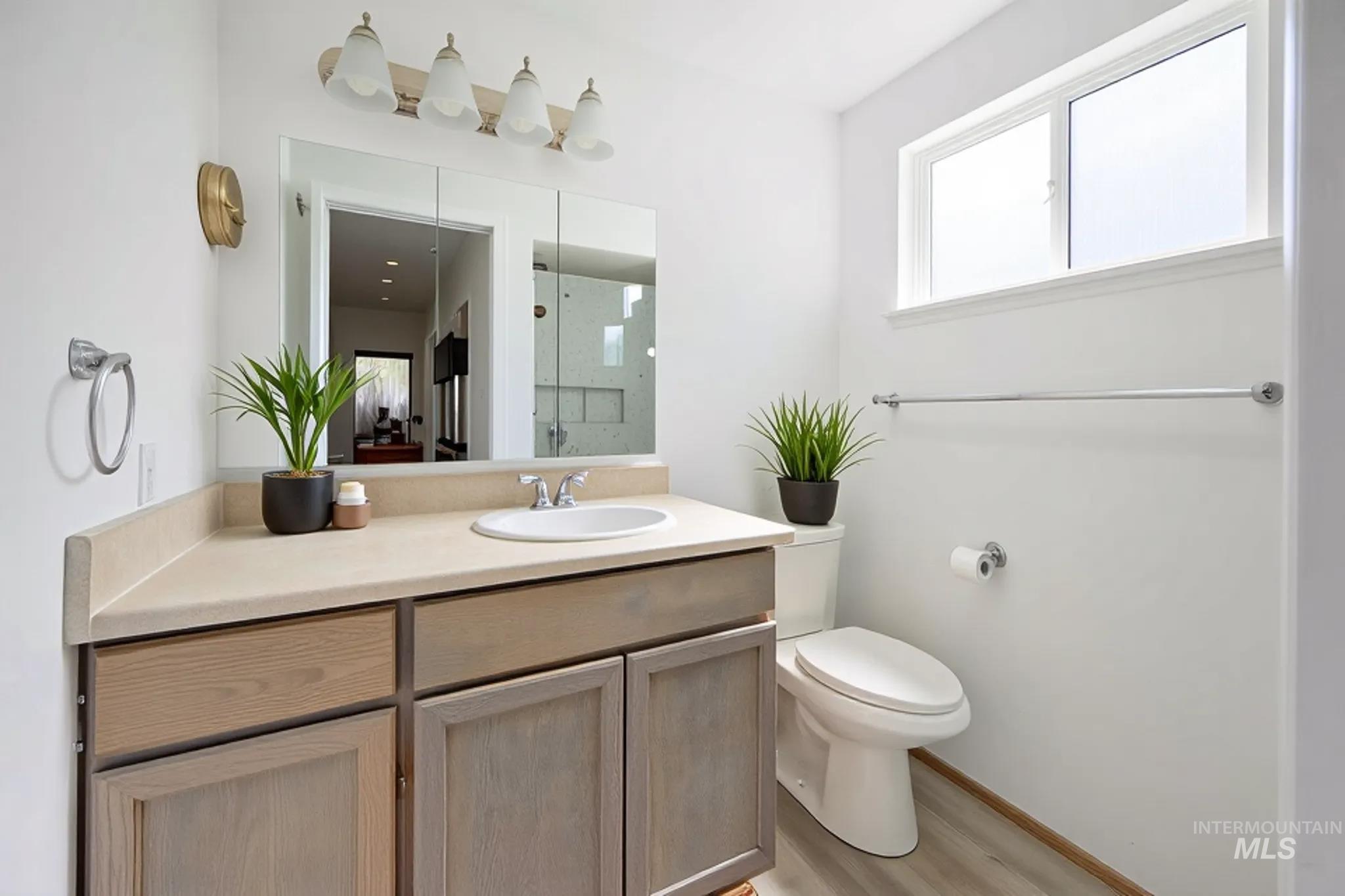 Full bathroom with vanity, light wood-style floors, and a stall shower