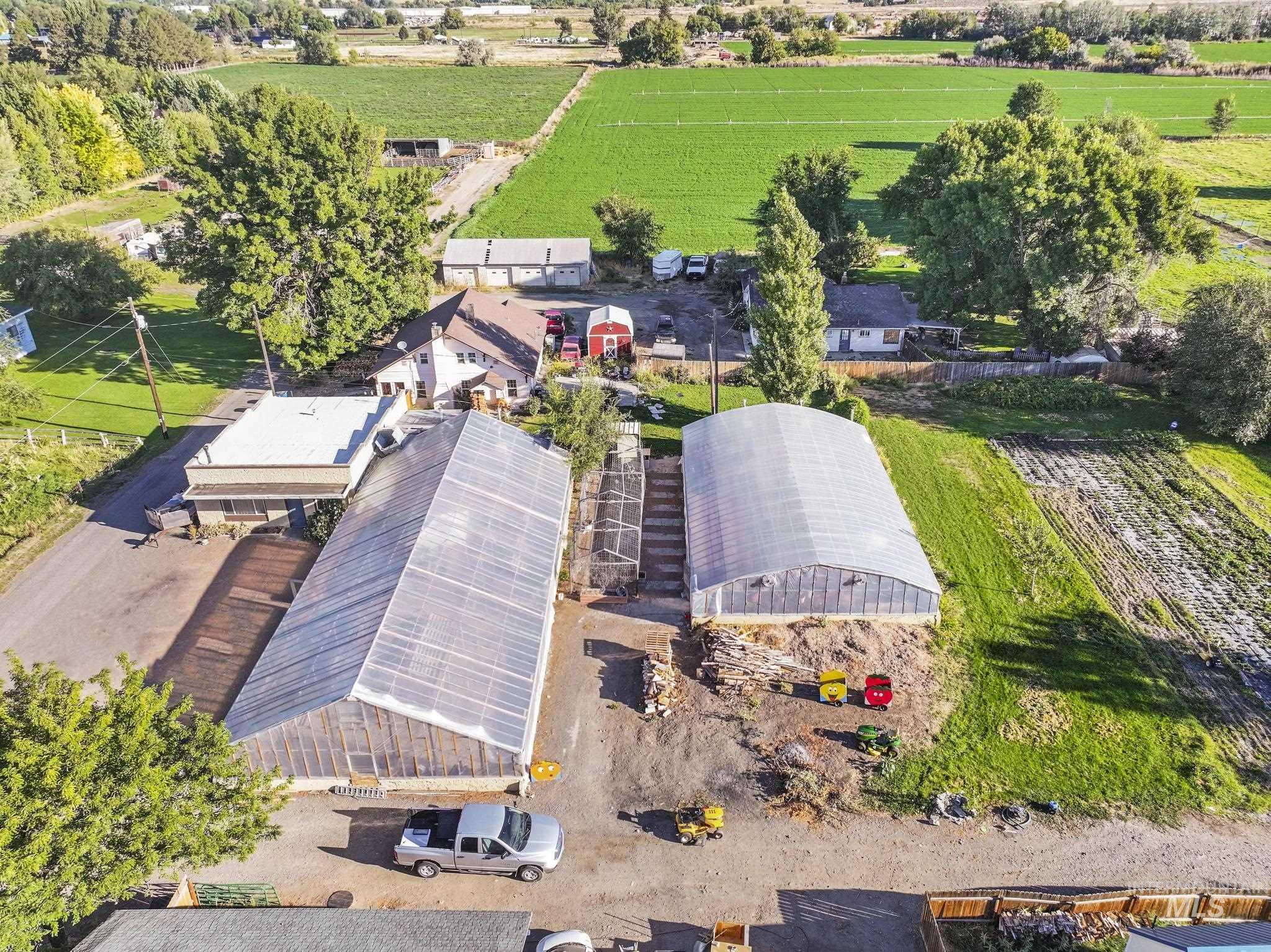 Aerial view of sparsely populated area with abundant farmland