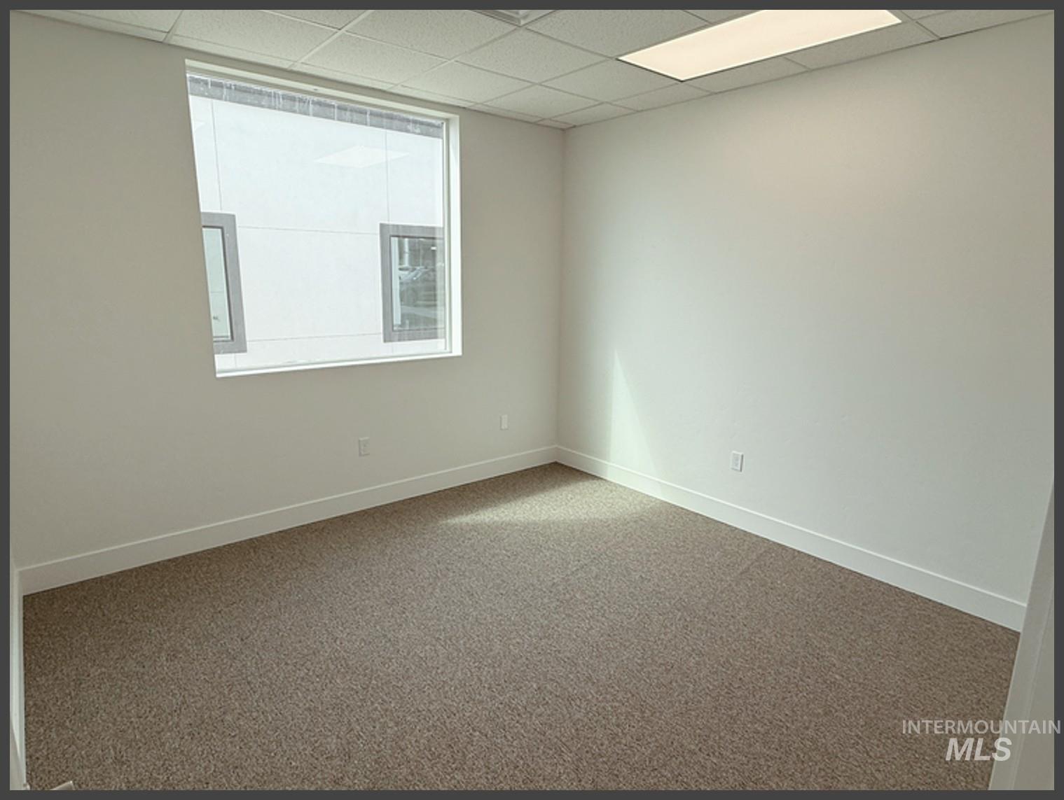 Carpeted empty room with a drop ceiling and baseboards