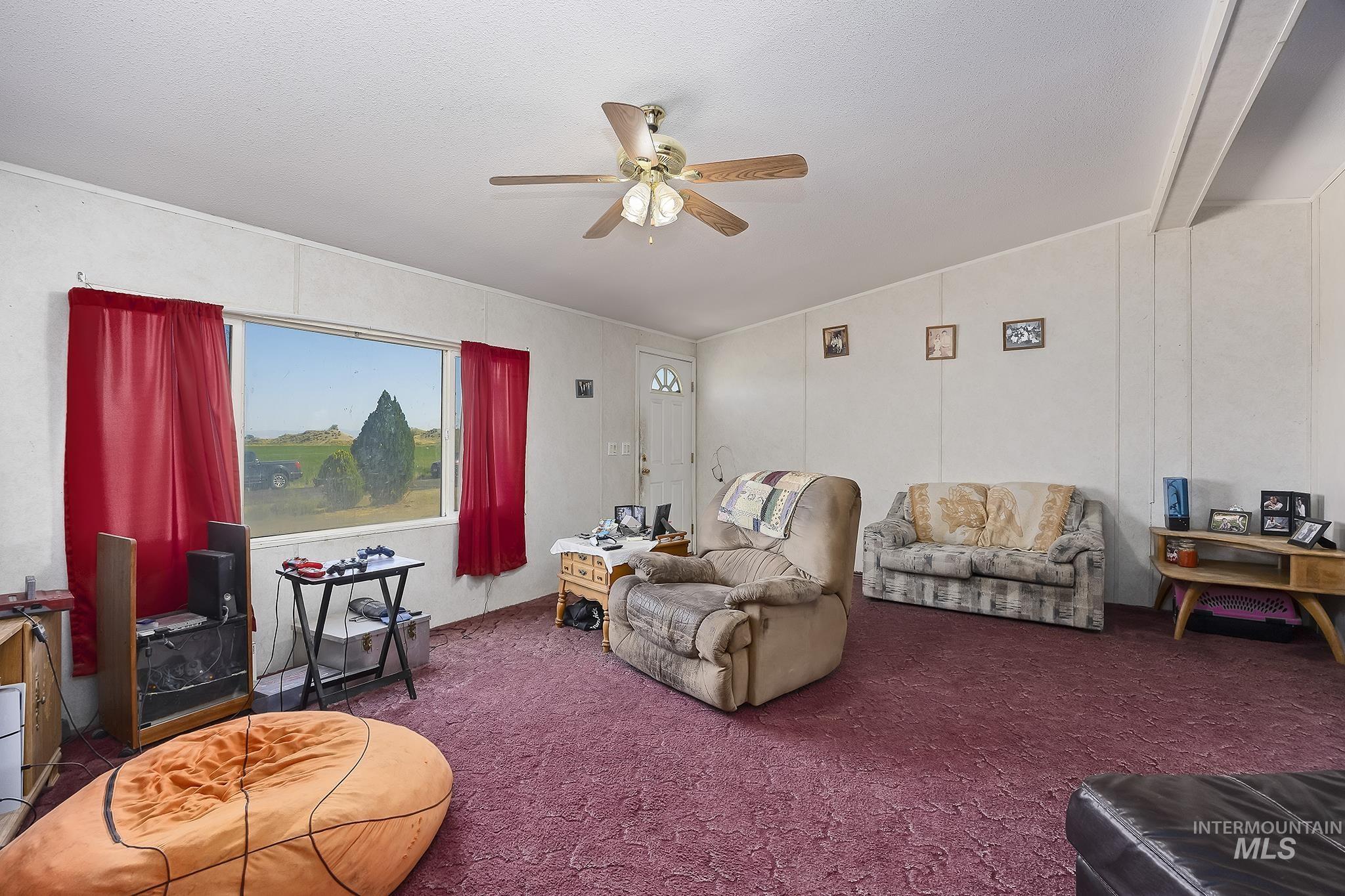Living area with carpet flooring and ceiling fan