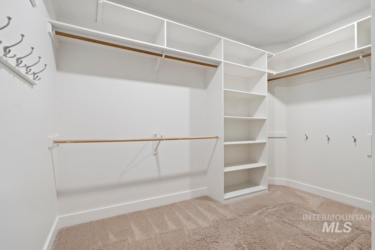 Walk in closet featuring light colored carpet