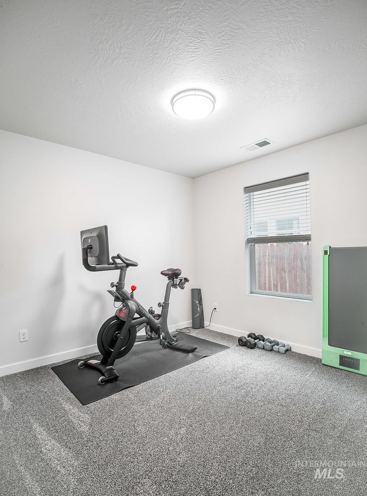 Exercise room with a textured ceiling and carpet floors