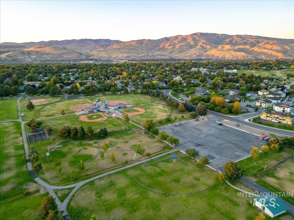 Aerial view of residential area with mountains