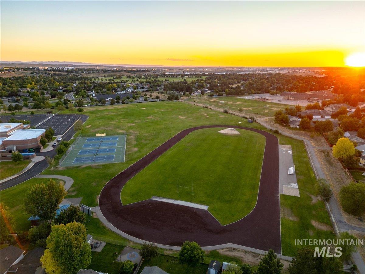 Aerial view at dusk of a residential view