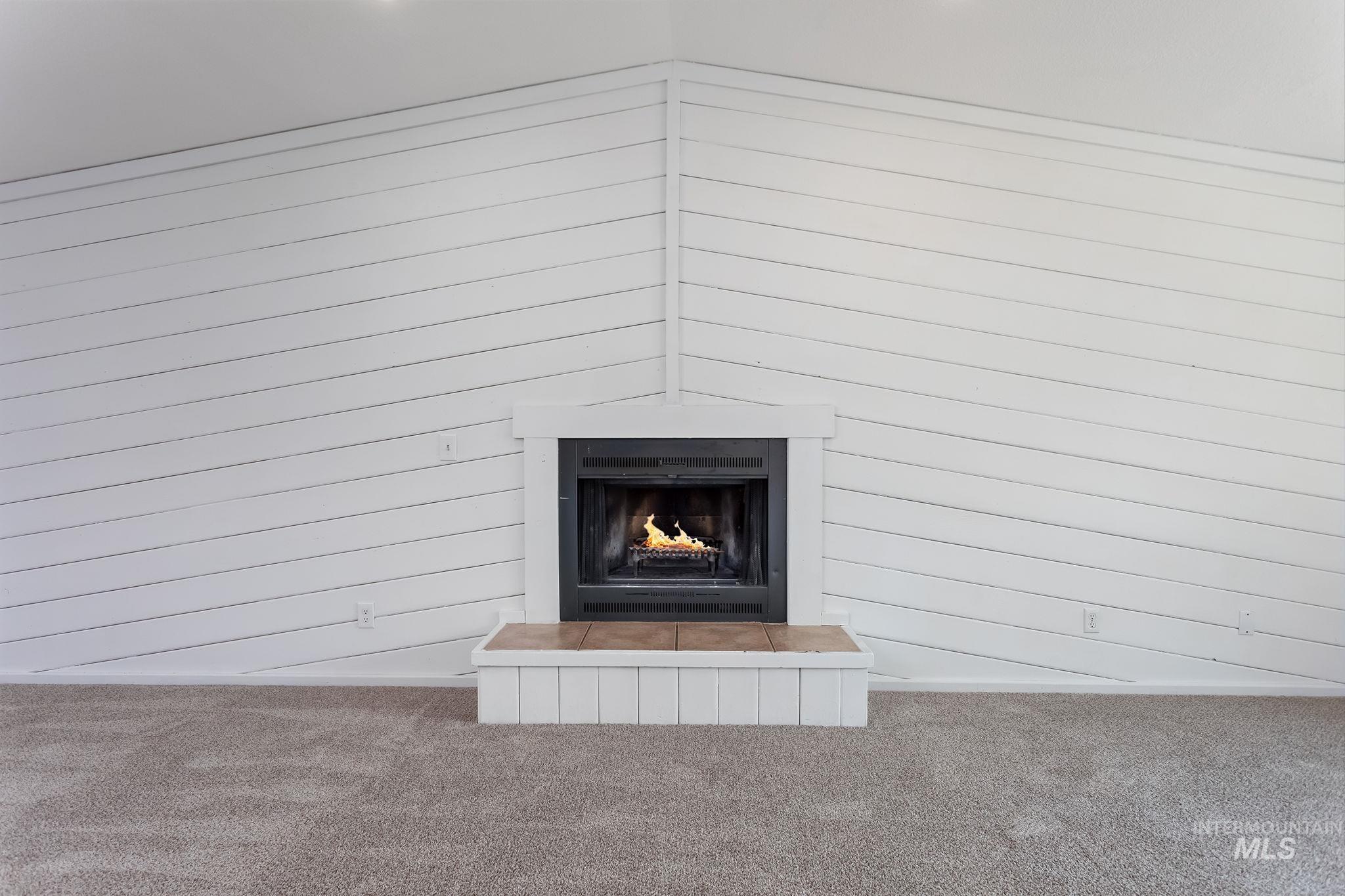 Detailed view of carpet floors and a warm lit fireplace