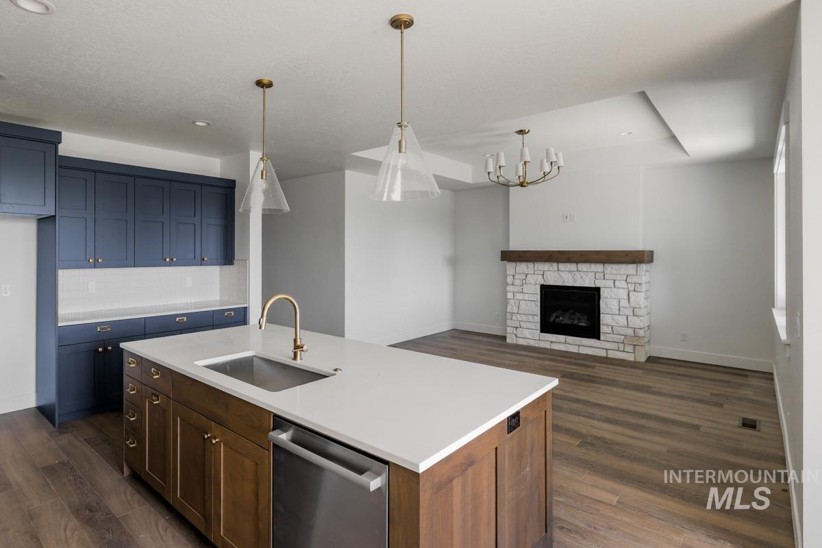 Kitchen featuring dark wood-style floors, a stone fireplace, stainless steel dishwasher, and decorative light fixtures