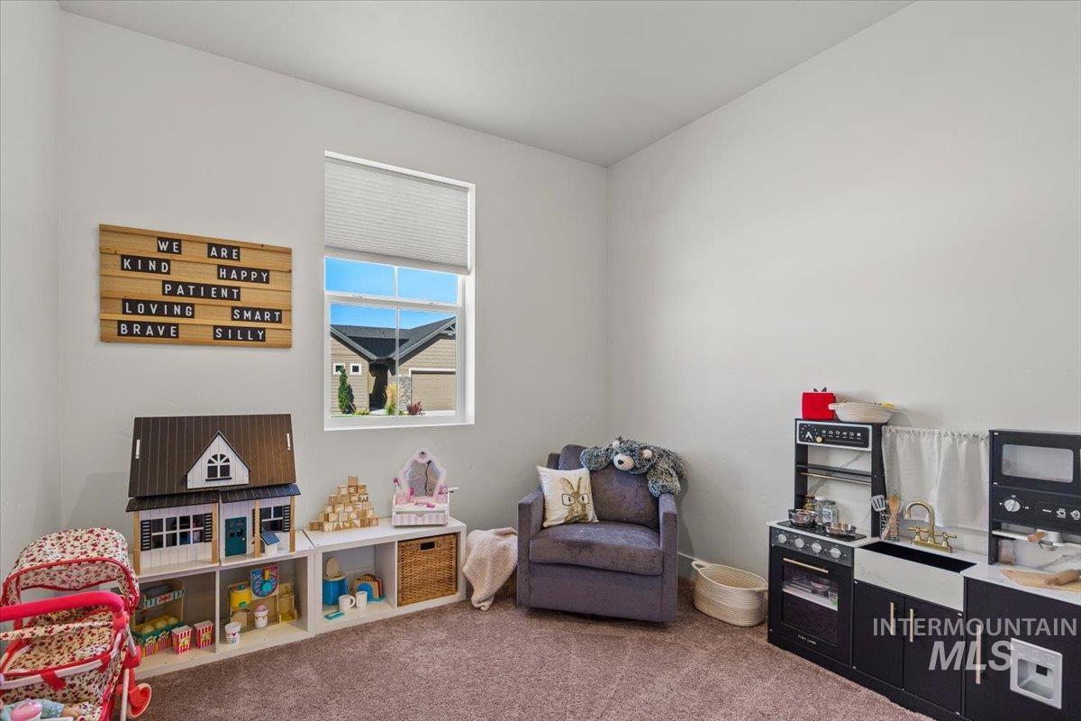 Rec room with carpet floors and a sink