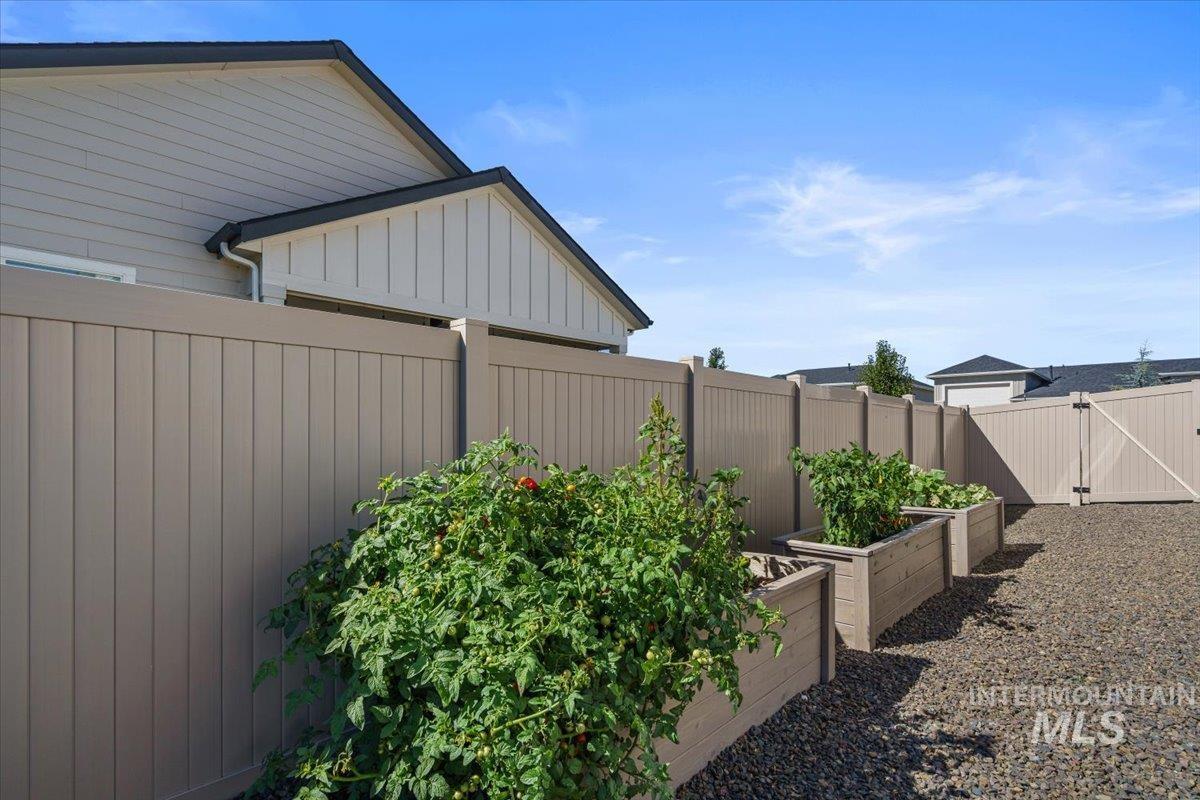 Fenced backyard with a vegetable garden and a gate
