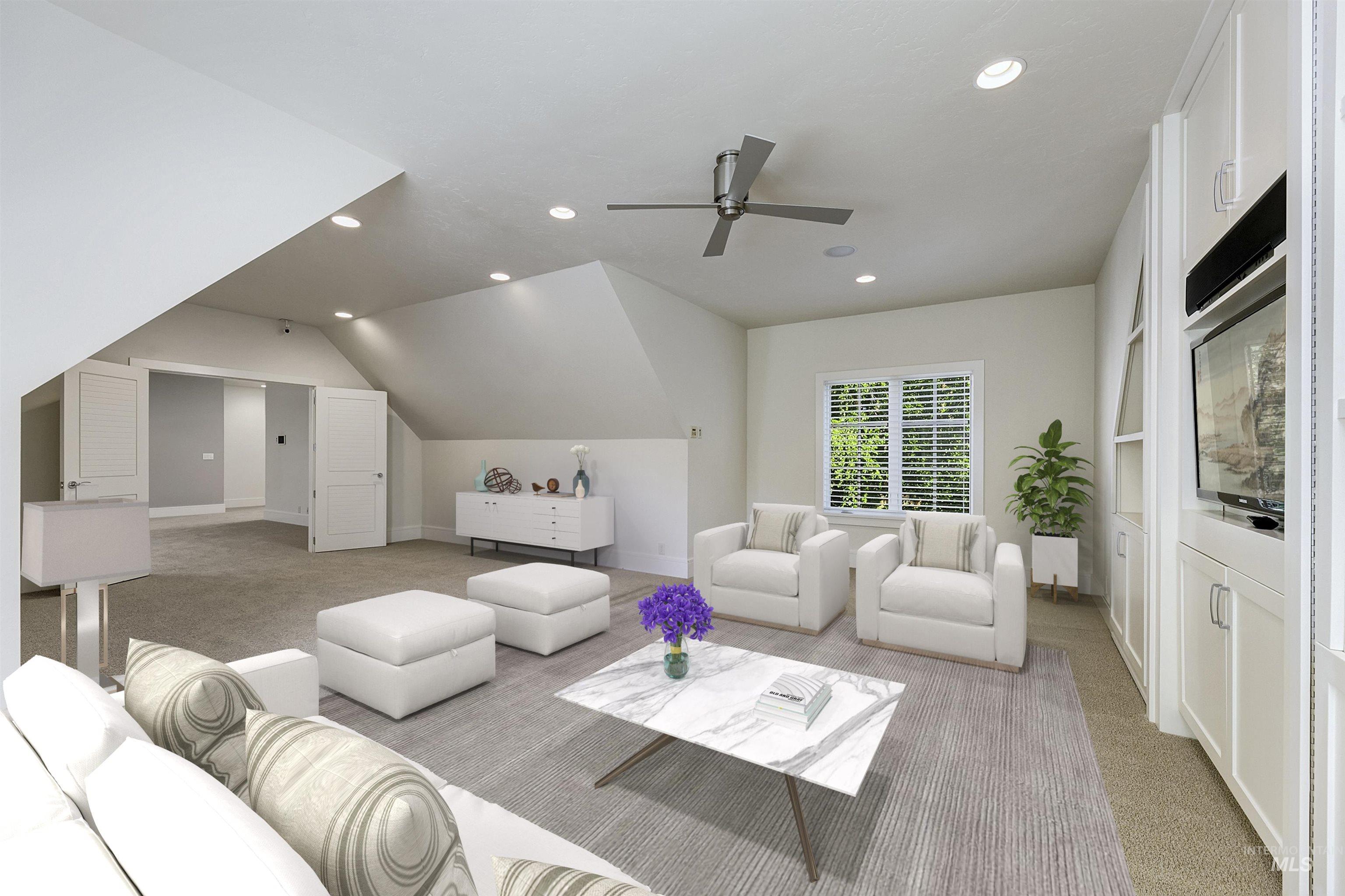 Living room featuring light carpet, recessed lighting, lofted ceiling, and a ceiling fan