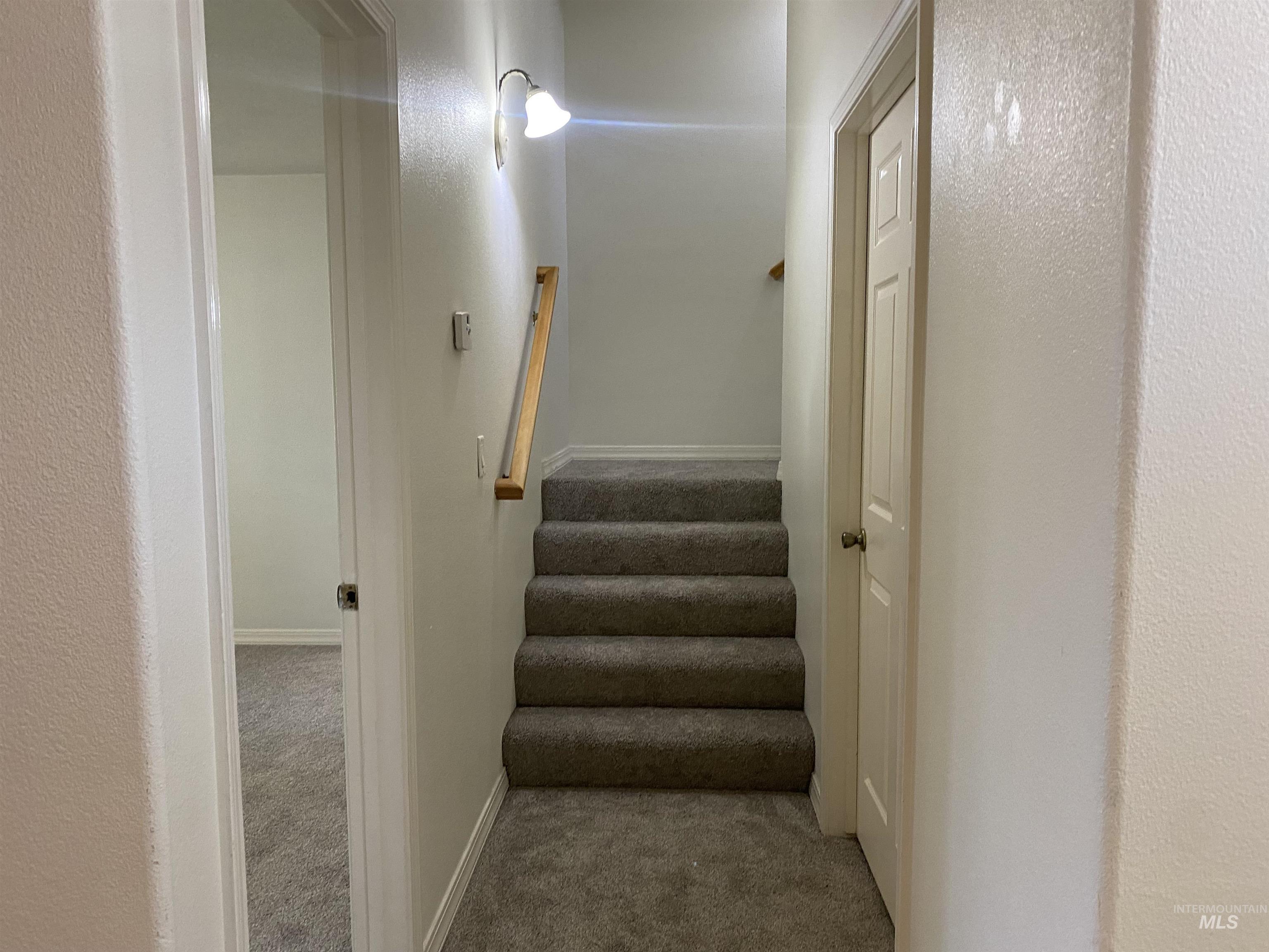 Stairs featuring carpet floors and a textured wall