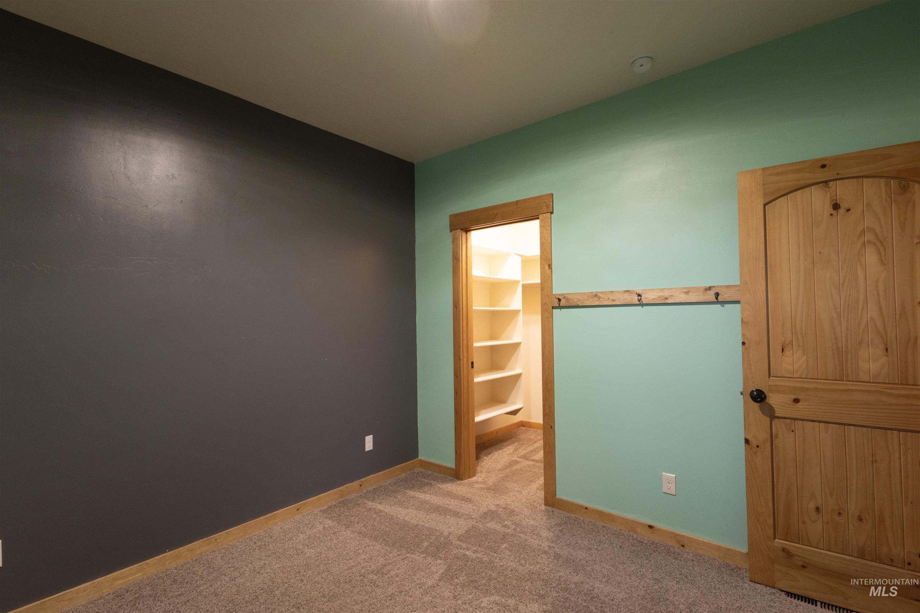 Unfurnished bedroom featuring a walk in closet and carpet floors