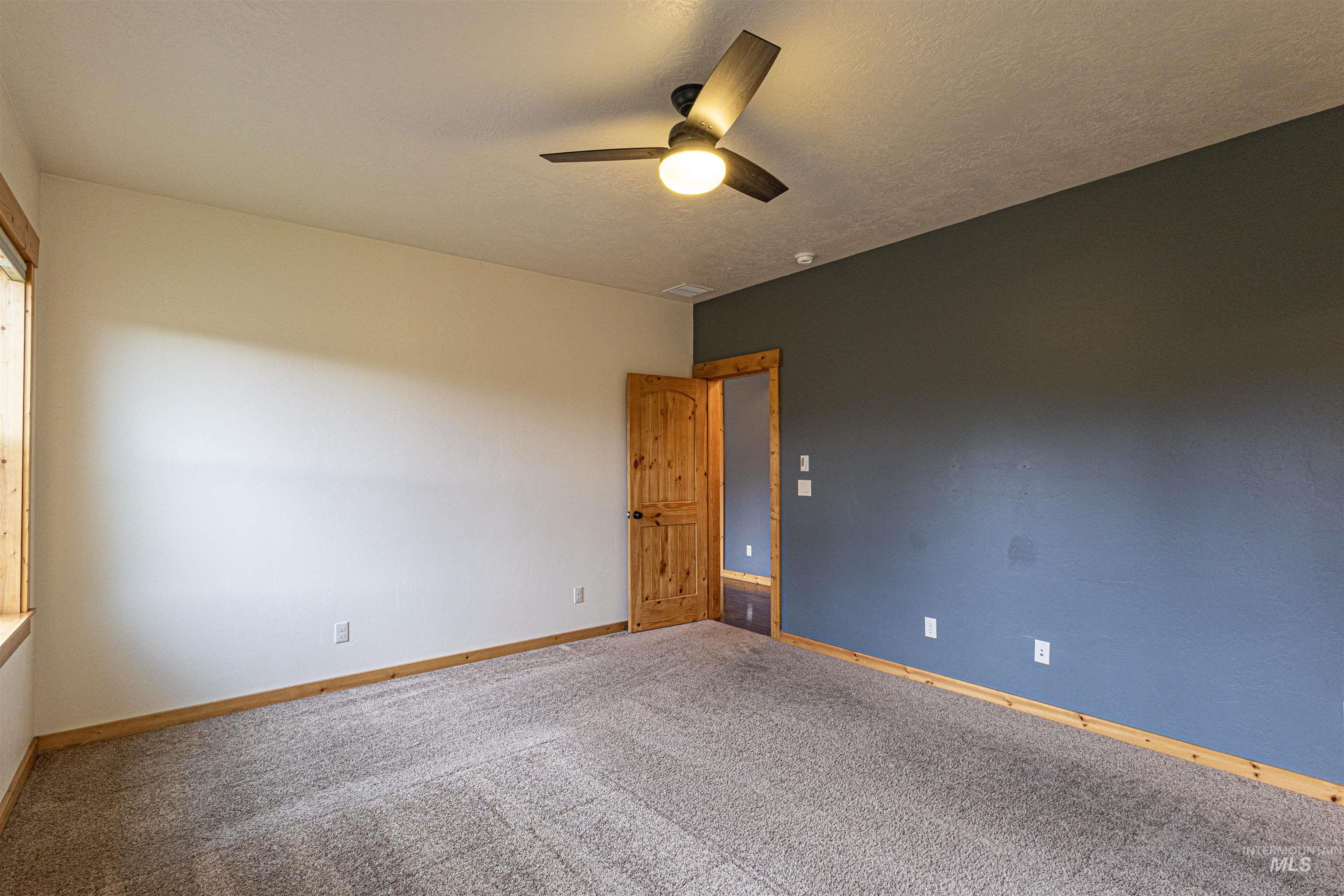 Spare room with carpet flooring, a textured ceiling, and a ceiling fan