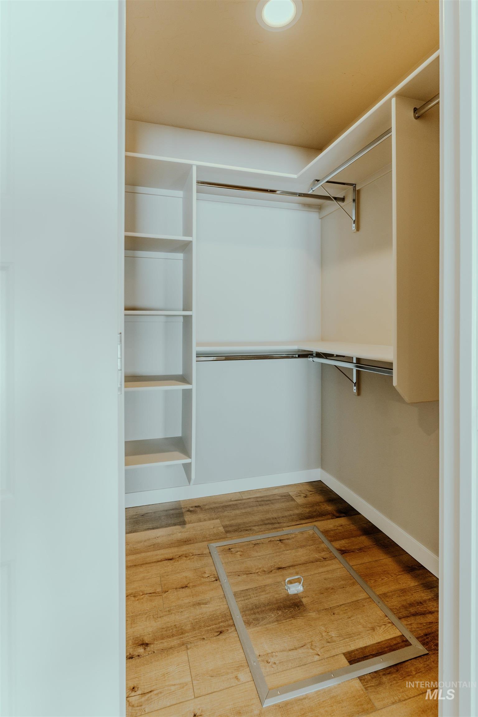 Walk in closet with light wood finished floors