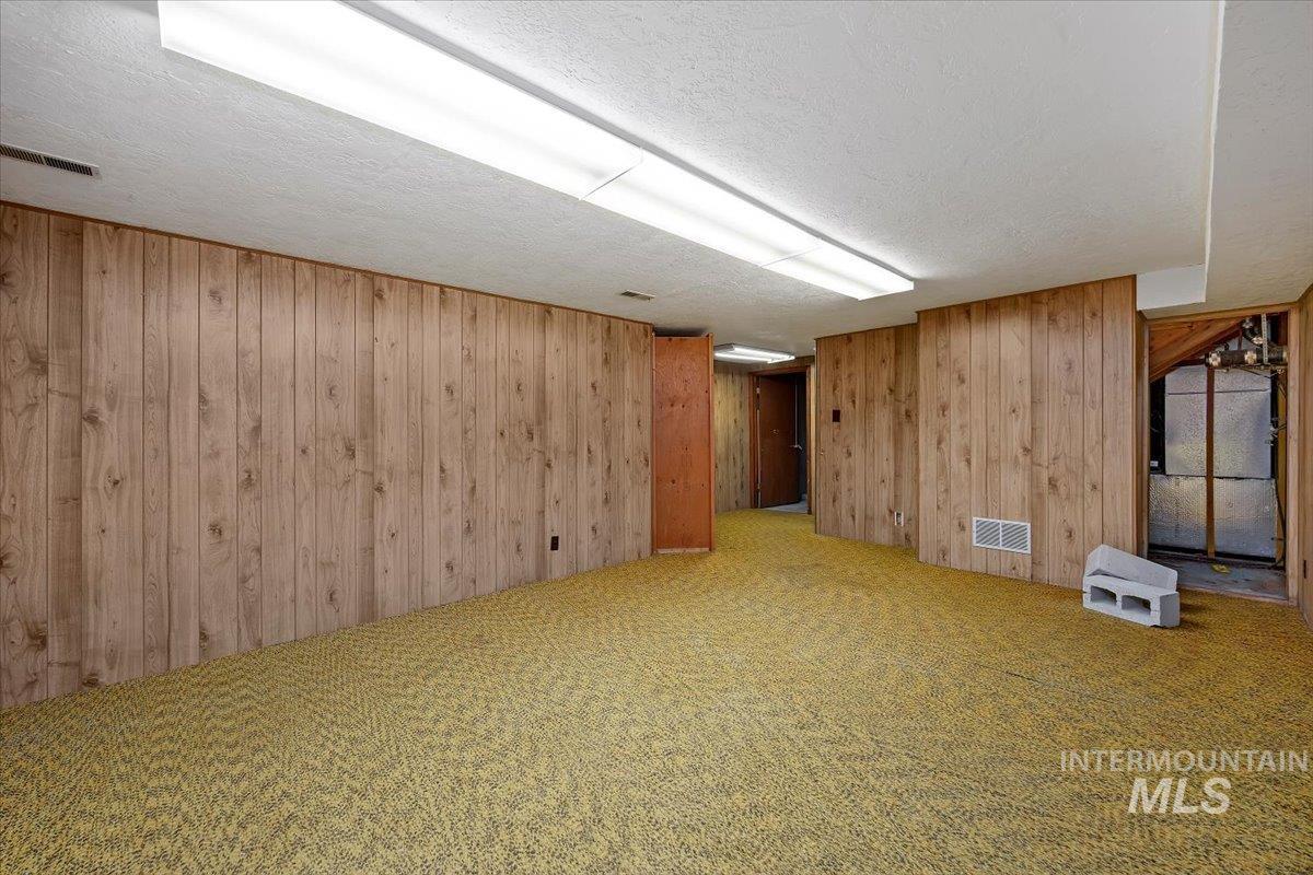 Finished below grade area with carpet flooring, wooden walls, and a textured ceiling