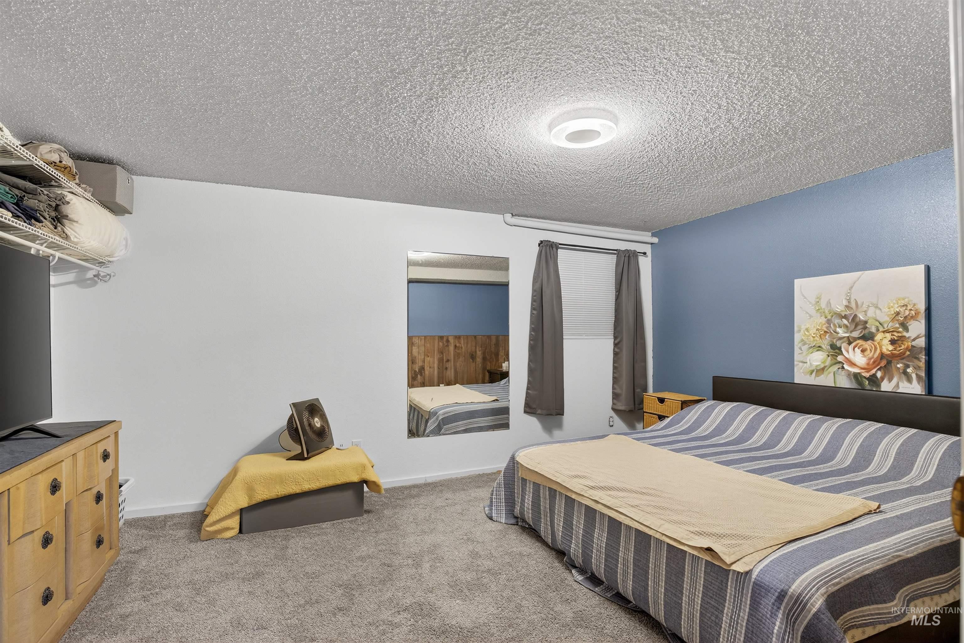 Carpeted bedroom with baseboards and a textured ceiling