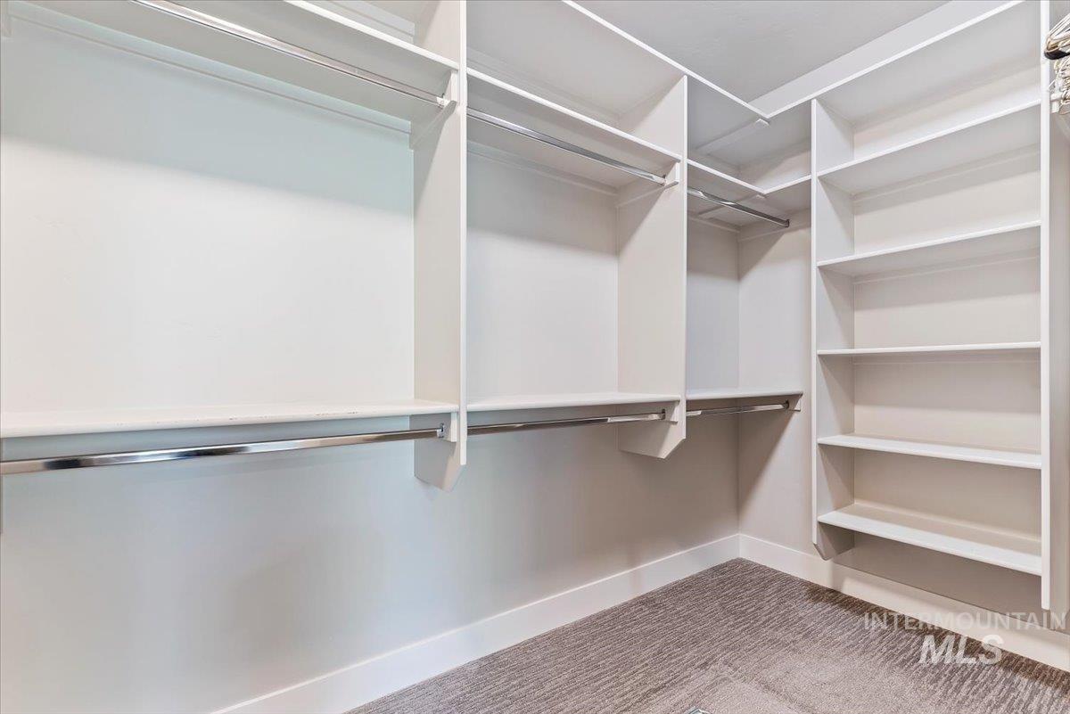 Walk in closet featuring light colored carpet