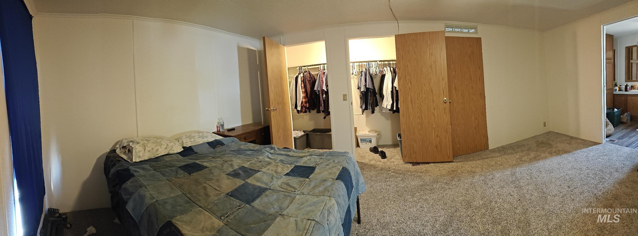 Carpeted bedroom with ensuite bath and a spacious closet