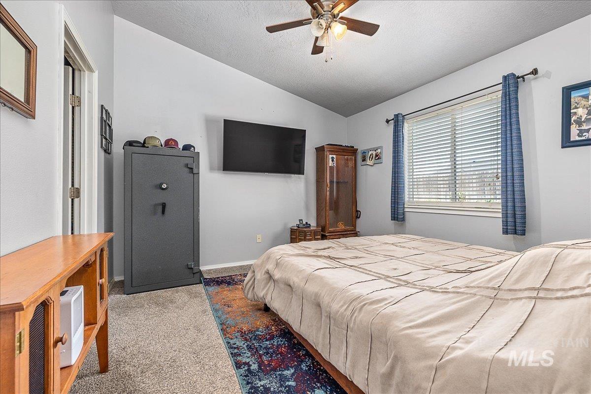Carpeted primary bedroom with large picture window, lofted & textured ceiling and a ceiling fan.