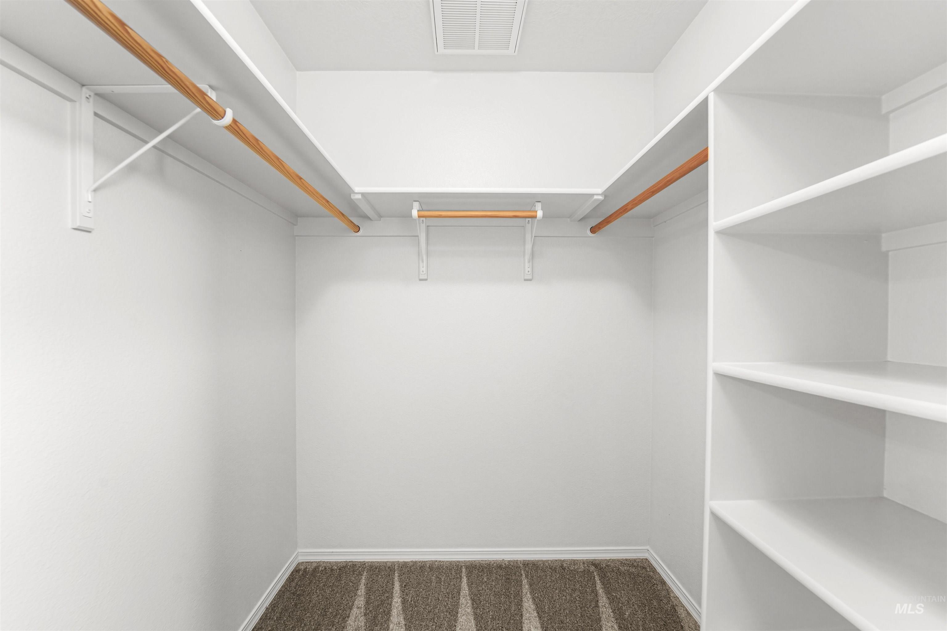 Spacious closet with dark colored carpet