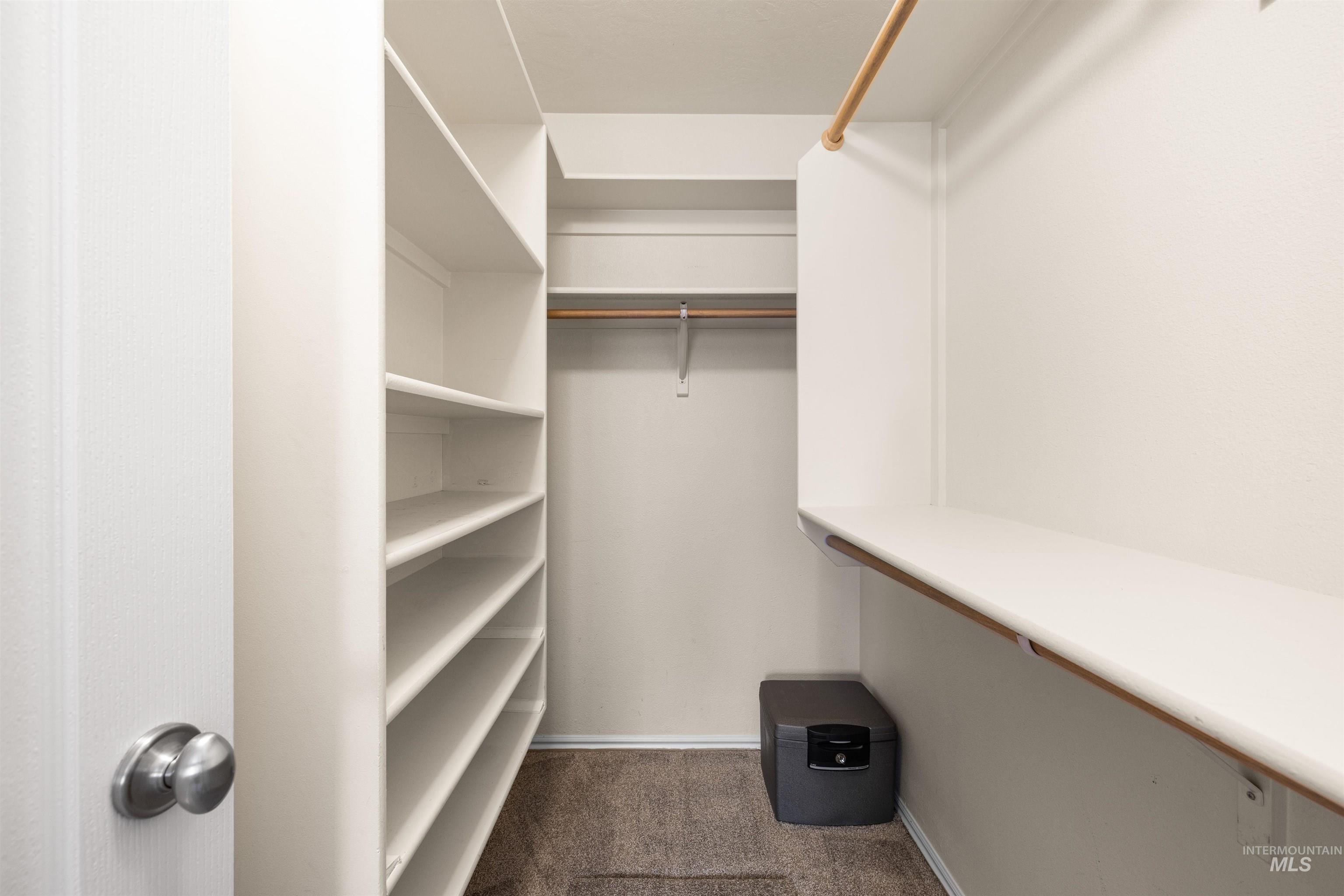 Spacious closet with dark carpet