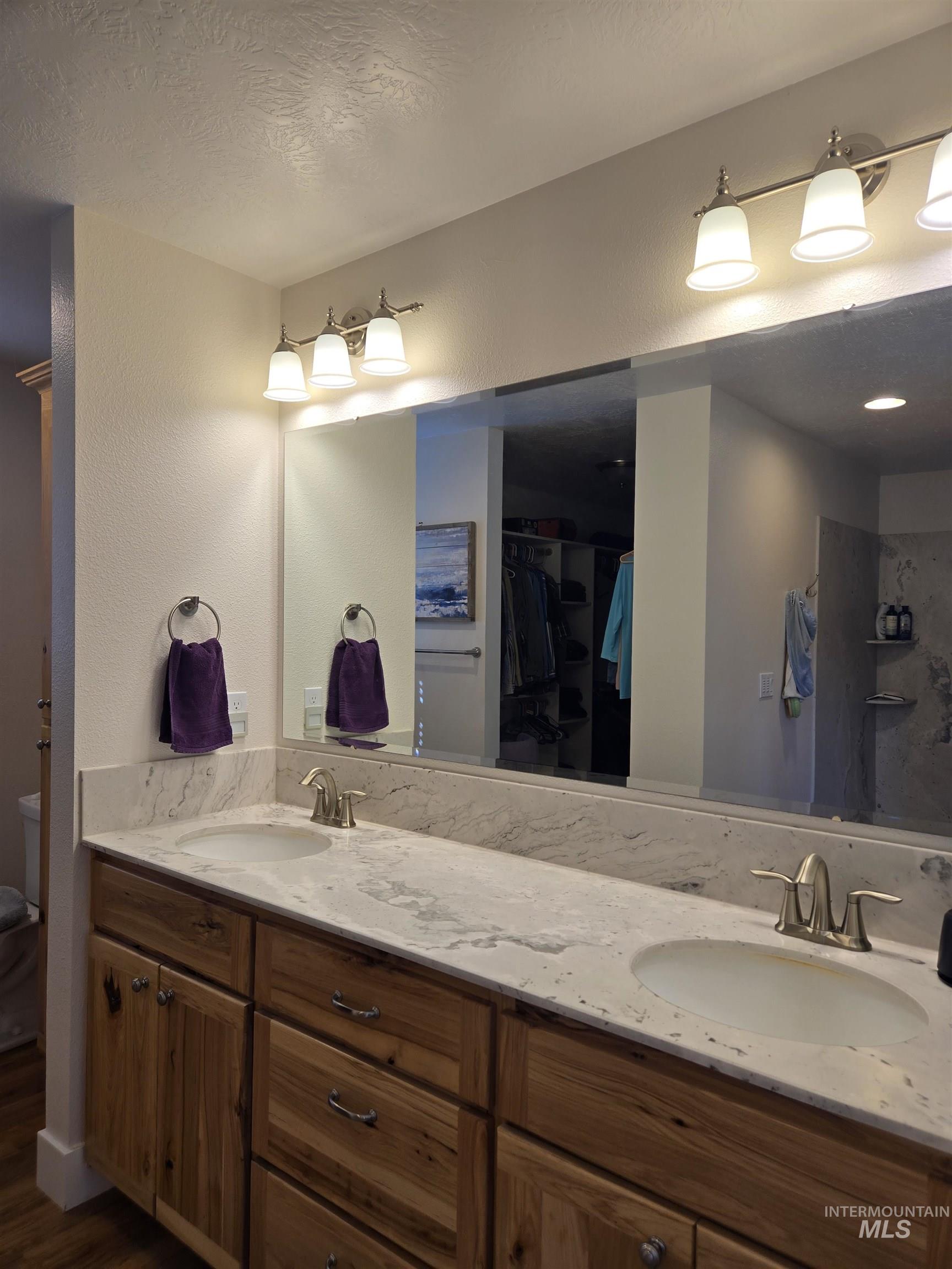 Bathroom featuring a walk in closet, double vanity, a textured ceiling, dark wood-style floors, and a textured wall