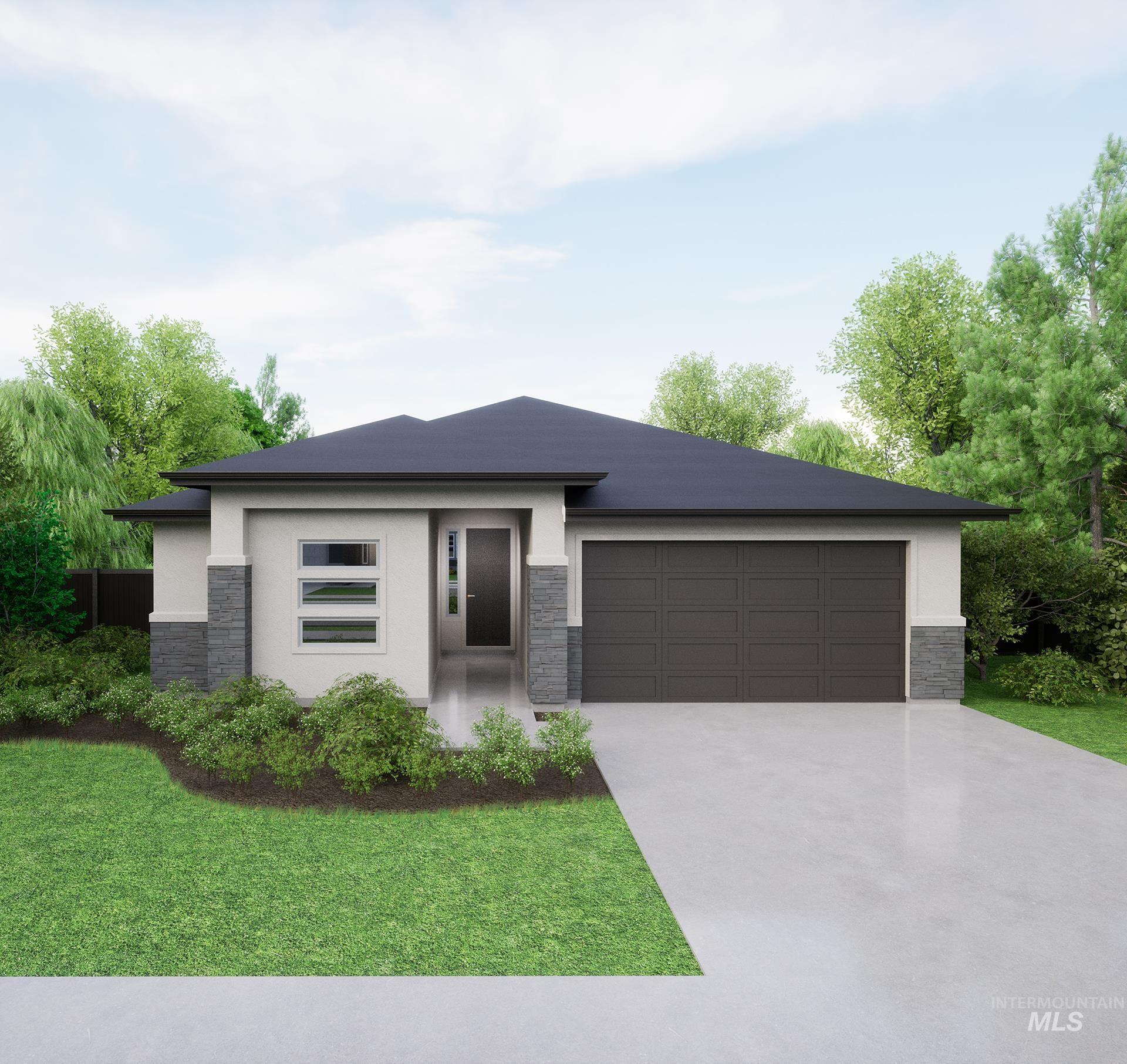 Prairie-style house featuring stone siding, stucco siding, concrete driveway, a front yard, and an attached garage