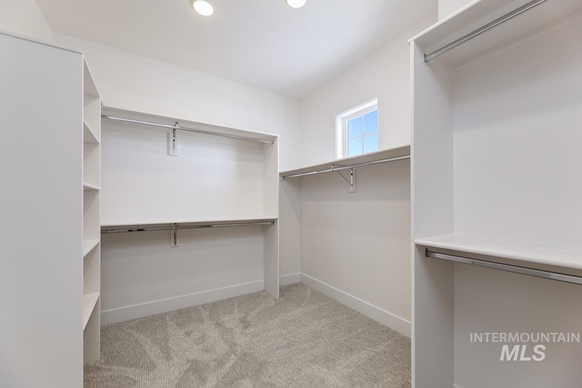 Walk in closet with light colored carpet