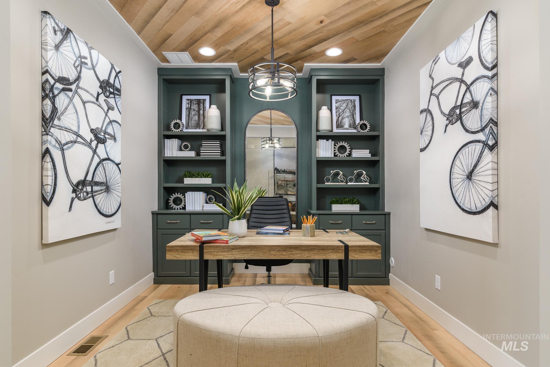 Home office featuring recessed lighting, wooden ceiling, a chandelier, and light wood-type flooring