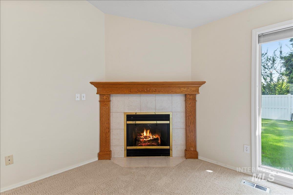 Detailed view of carpet and a fireplace