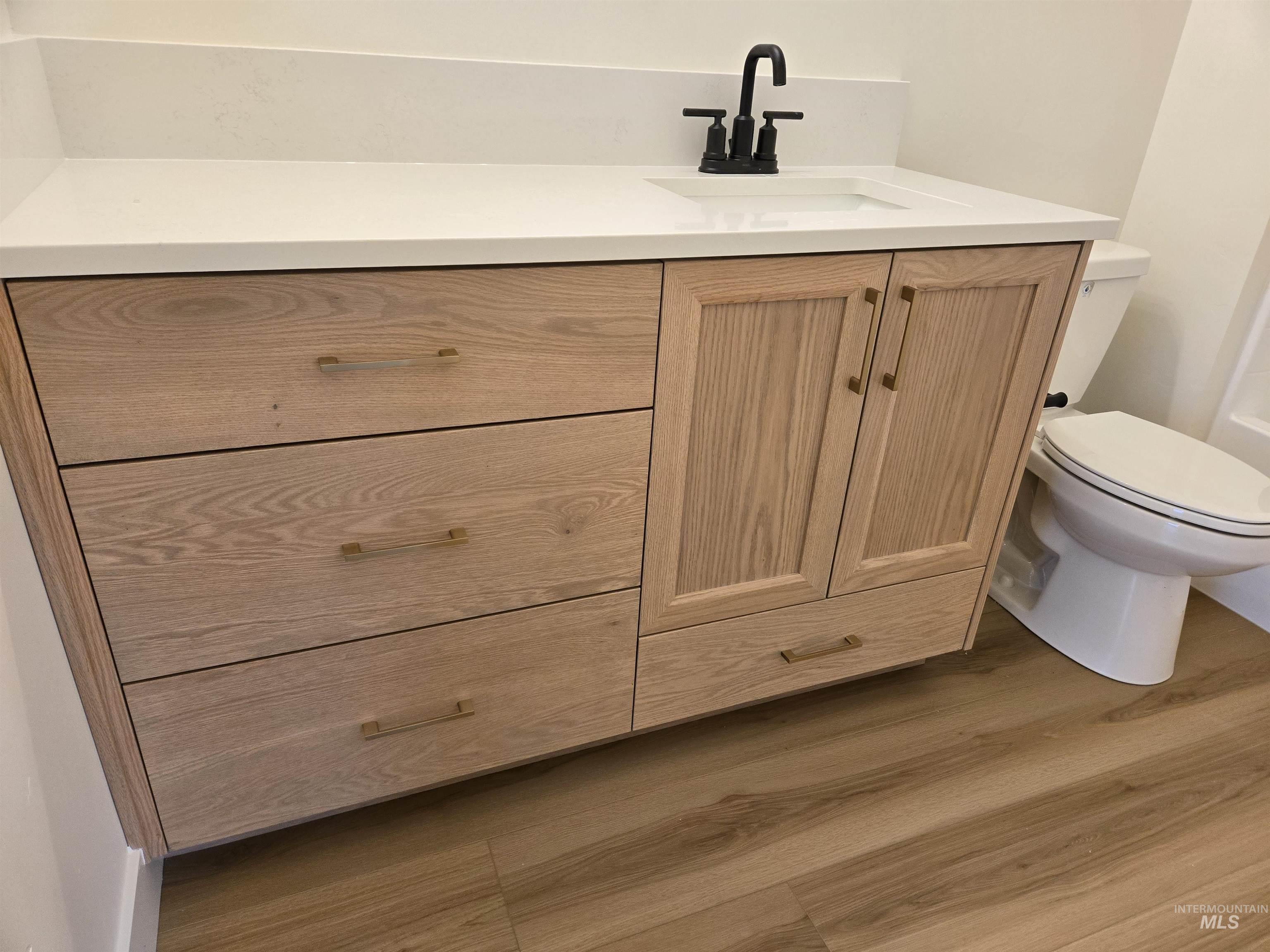 Half bathroom featuring vanity and wood finished floors