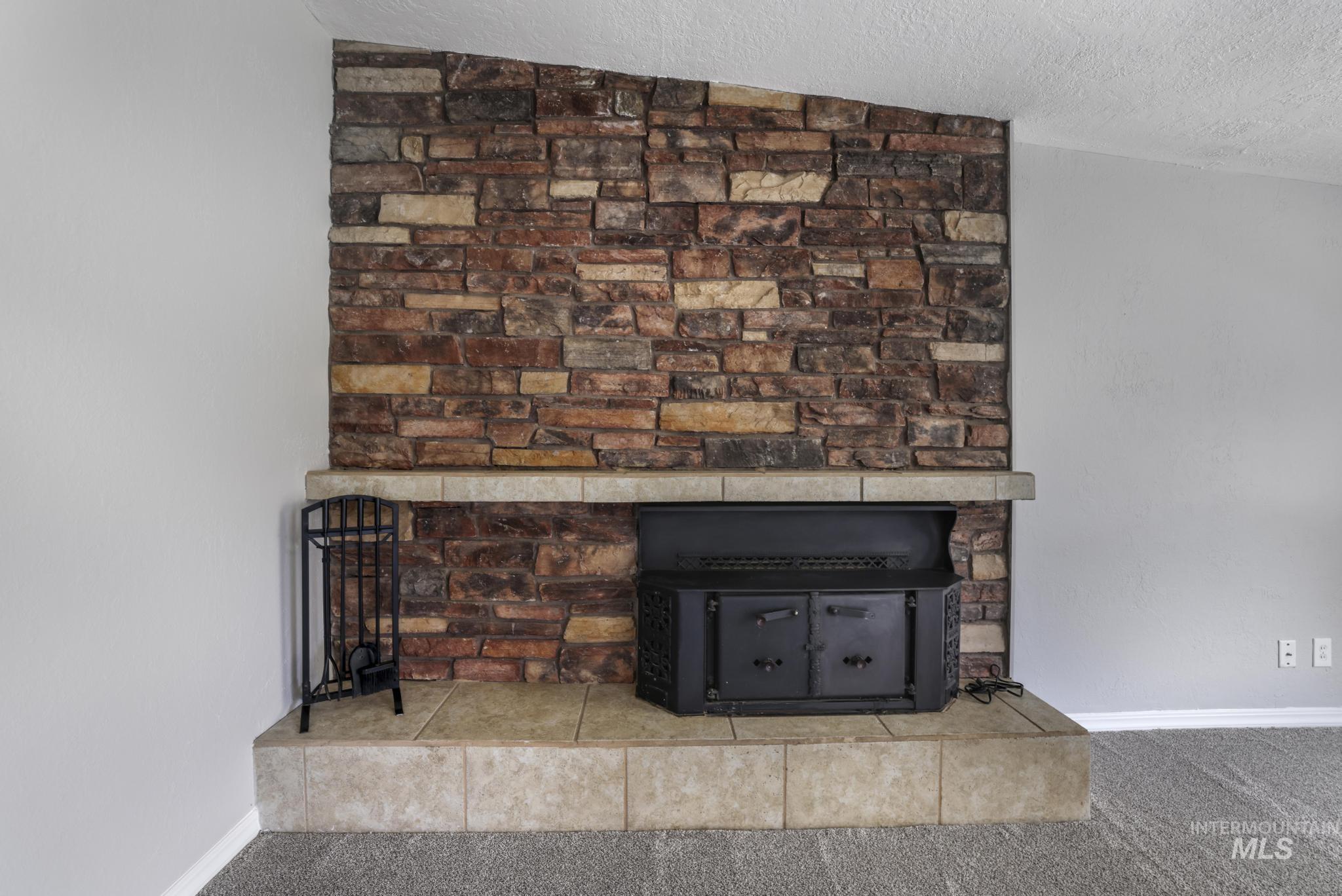 Detailed view of a textured ceiling, carpet floors, and a fireplace