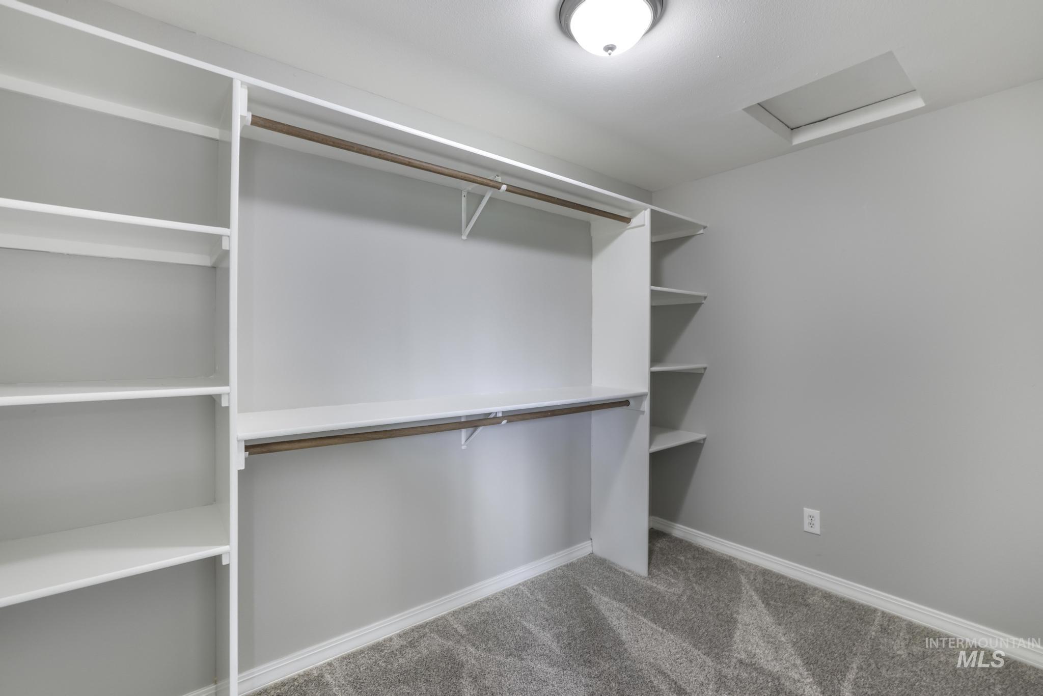Spacious closet with attic access and light colored carpet