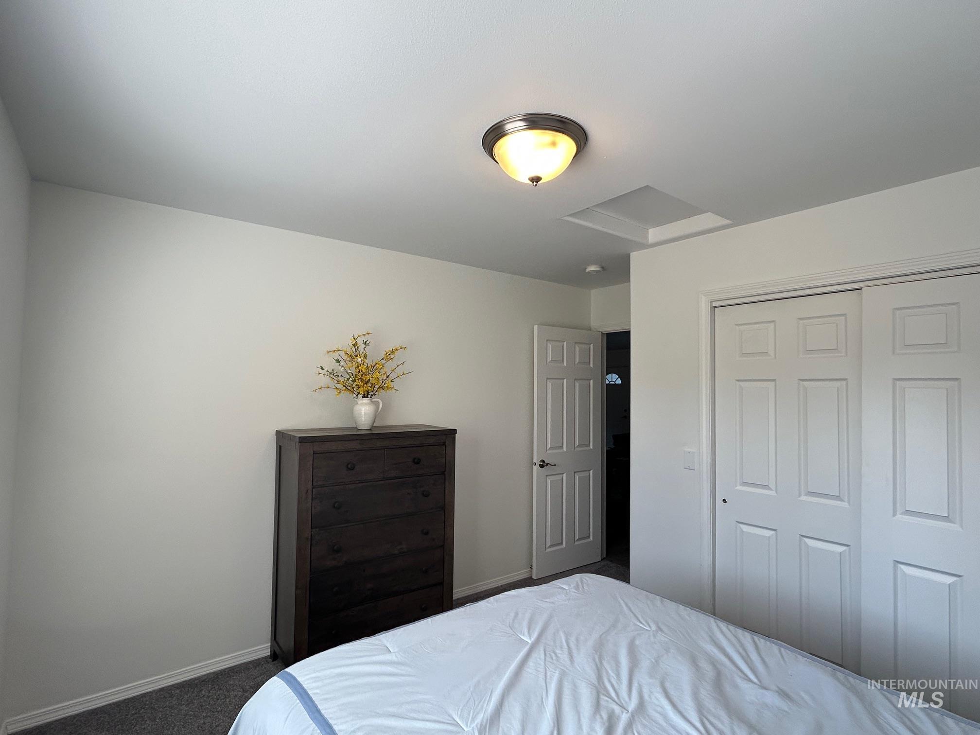 Bedroom with attic access, a closet, and carpet flooring