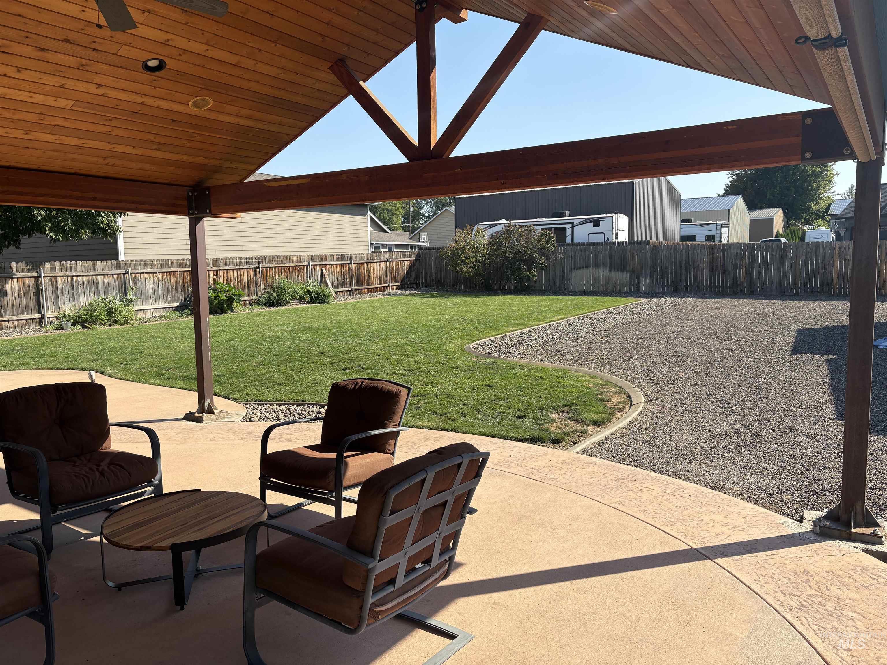 Fenced backyard featuring a patio