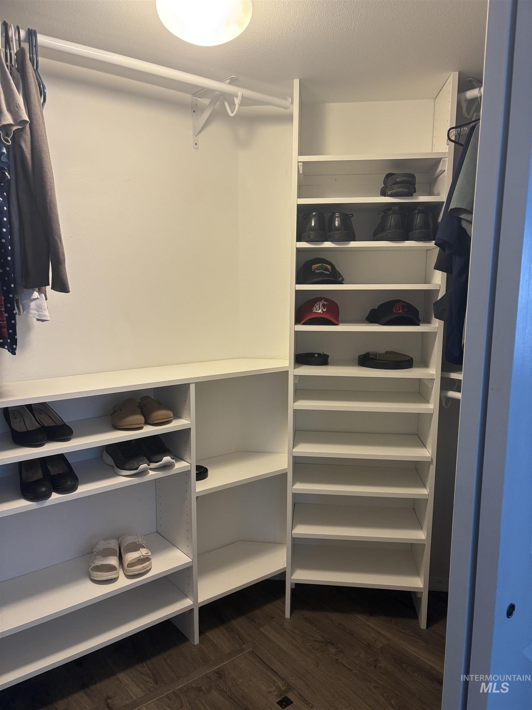 Spacious closet with dark wood finished floors