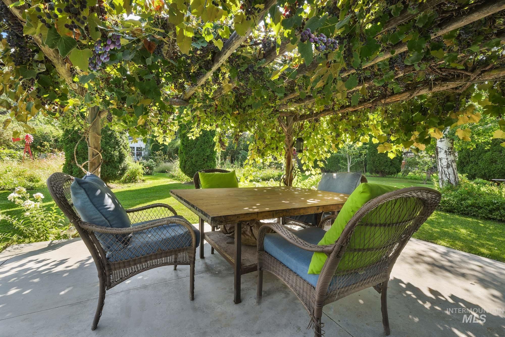 View of patio featuring outdoor dining area with grape arbor above