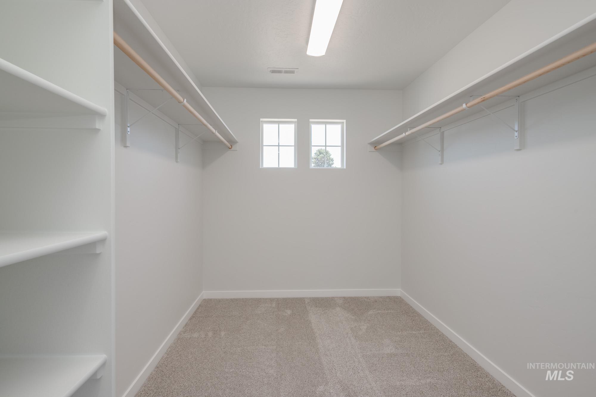 Spacious closet with light colored carpet