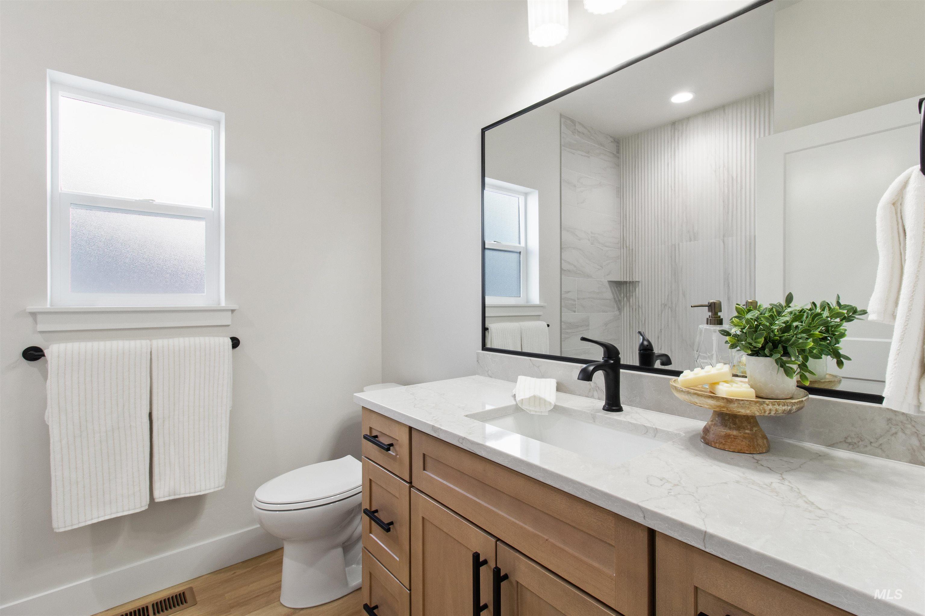 Full bathroom with vanity, light wood-style flooring, and a shower